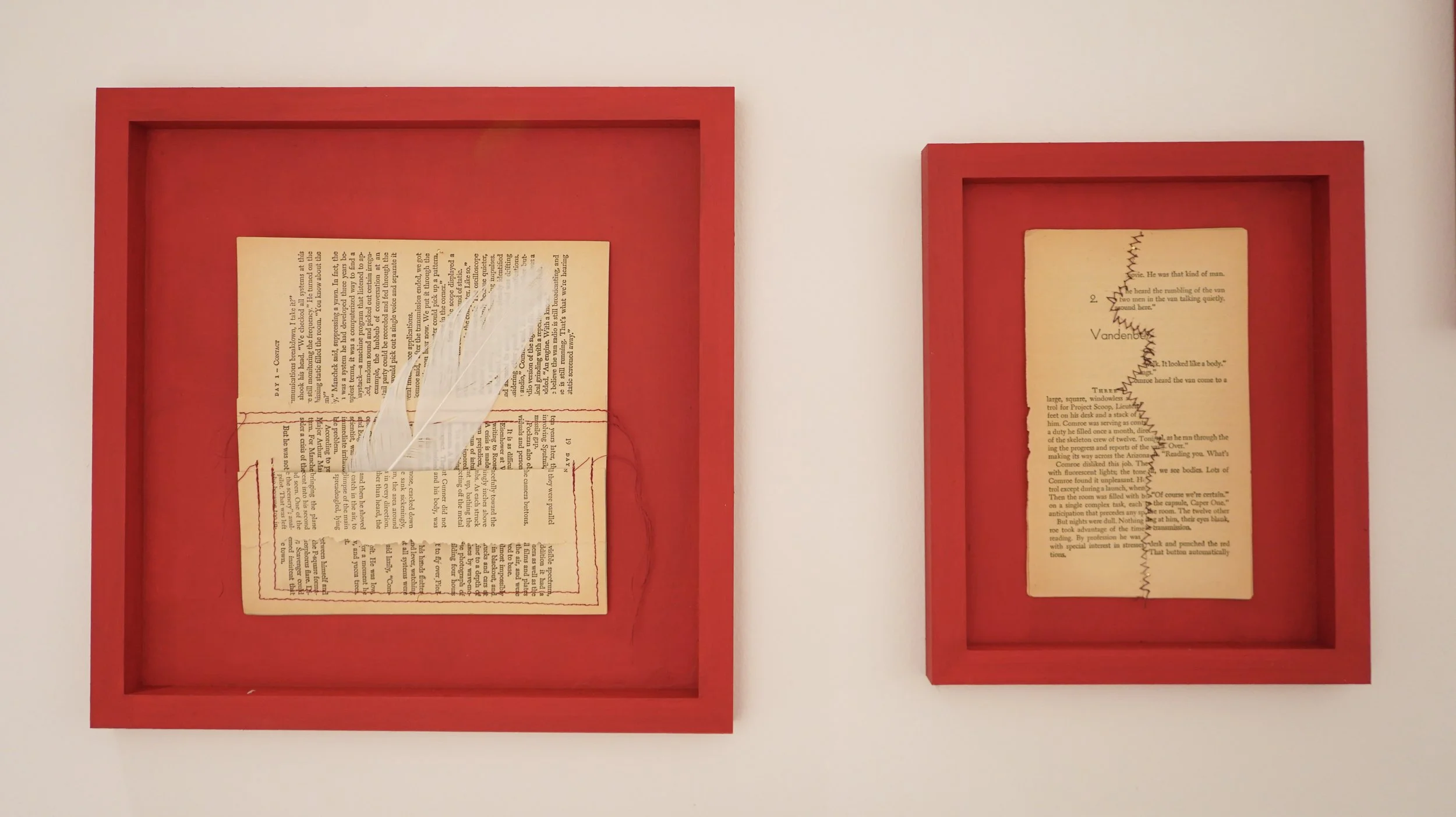 (Left to right) White feather; Joinery I. 
Cotton thread on mass market paperback pages; 10in x 8 in; 2025.