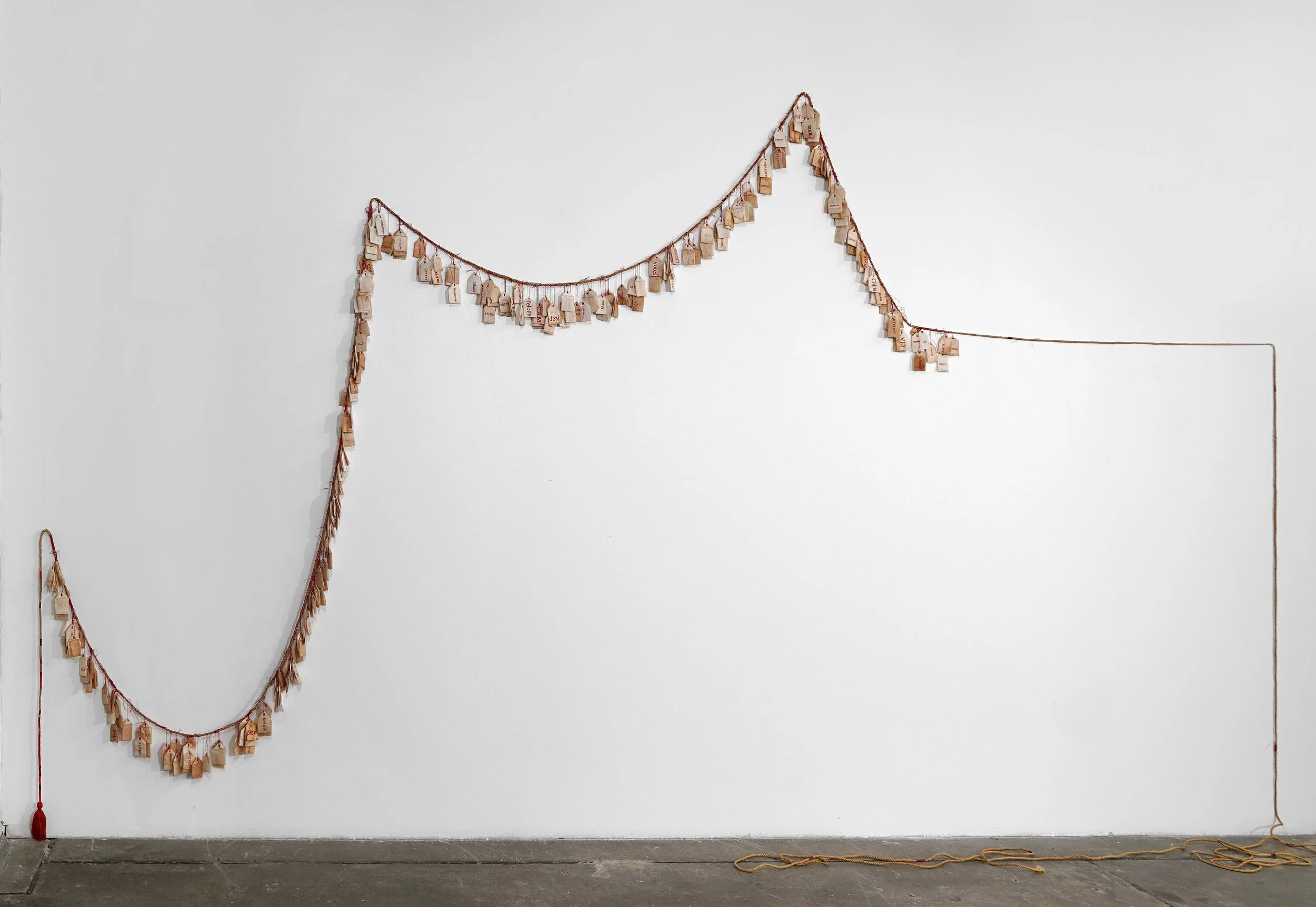 Breakfast of champions.
Thread, rope, teabags.
6 ft x 30 ft x 3 in; 2024.