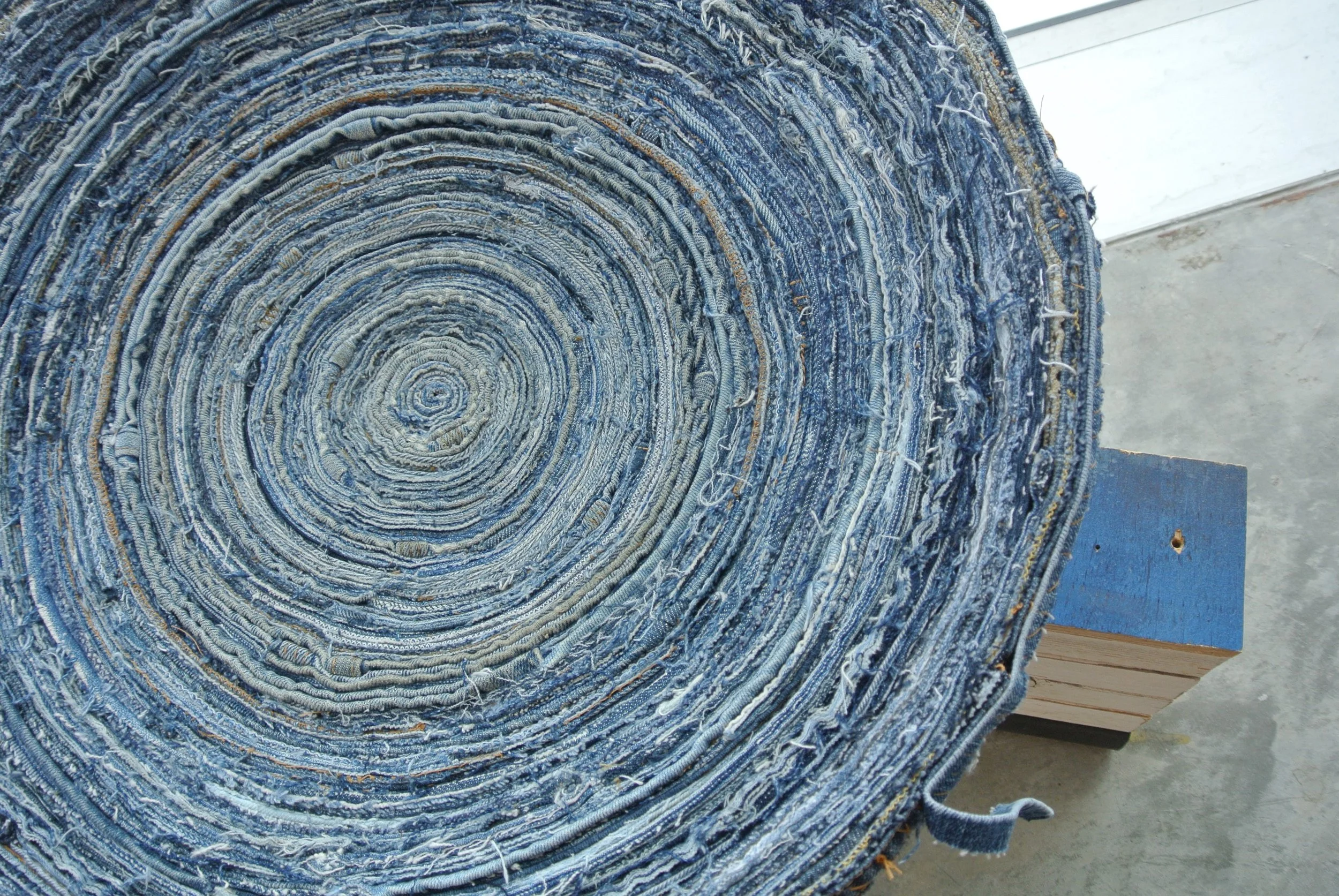 Detail: Origins of my universe.
Hand-stitched denim bowl on pine, rubber and plywood.
20 x 14 x 27 in; 2021.
