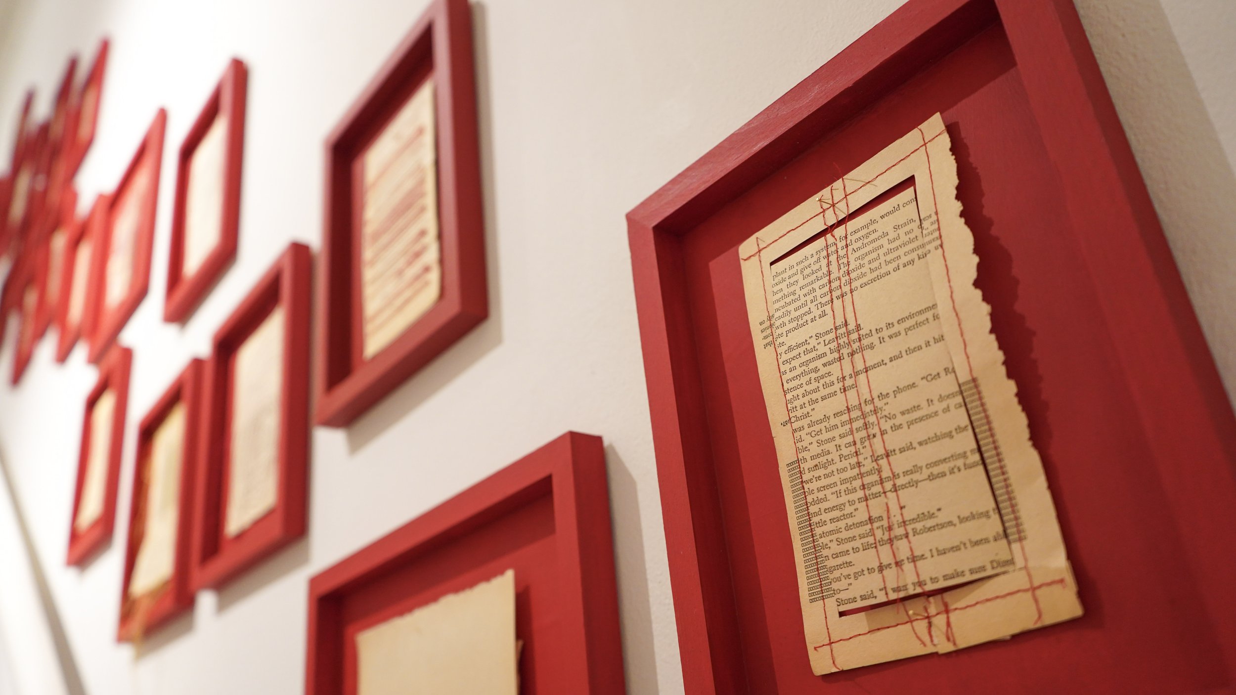 North wall, installation view: 
Cotton thread on mass market paperback pages.
2020-2025