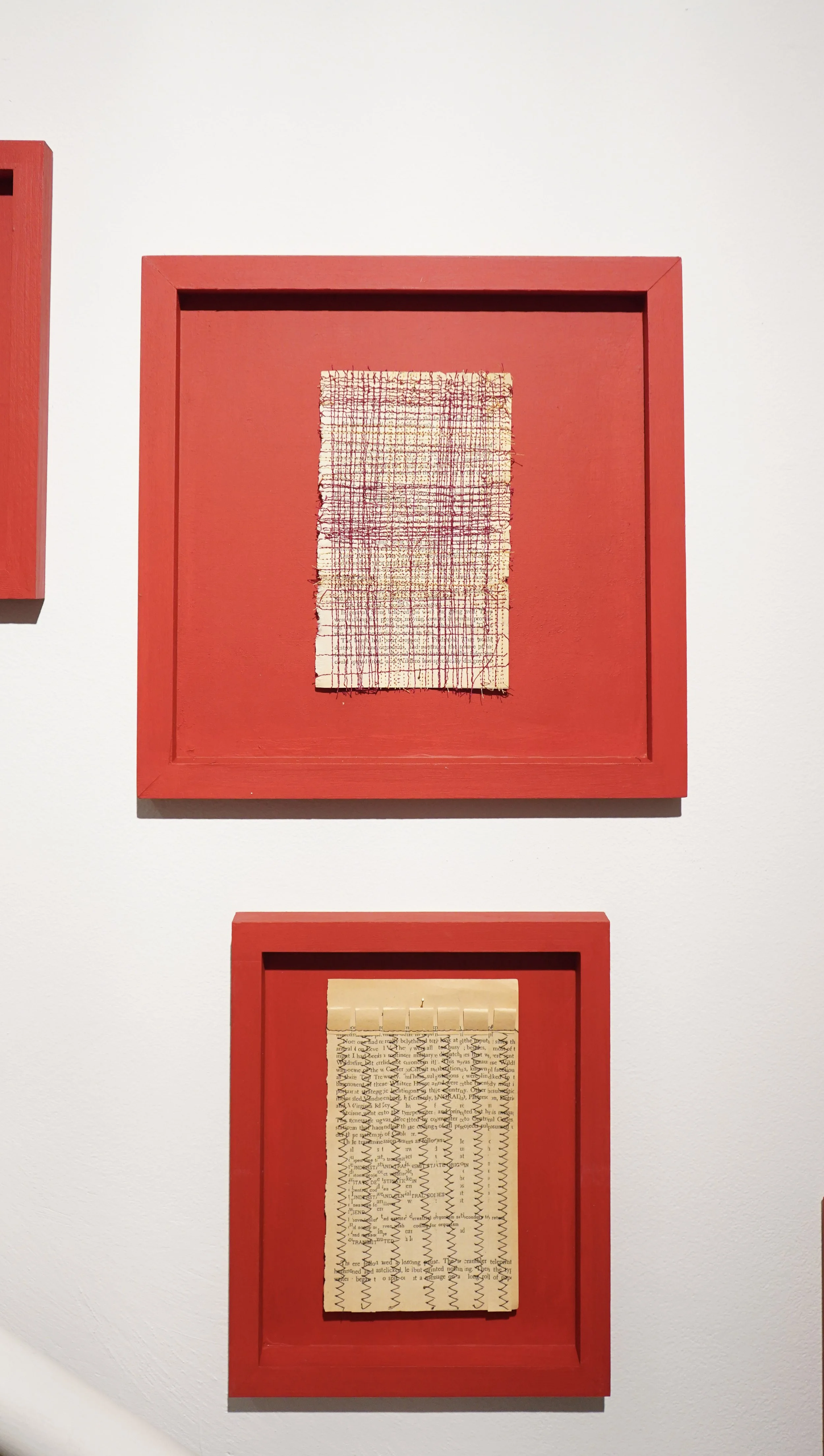 Jagged (top).
Vertical obliteration (bottom).
Cotton thread on mass market paperback pages; 10in x 8 in; 2025 and 2022.