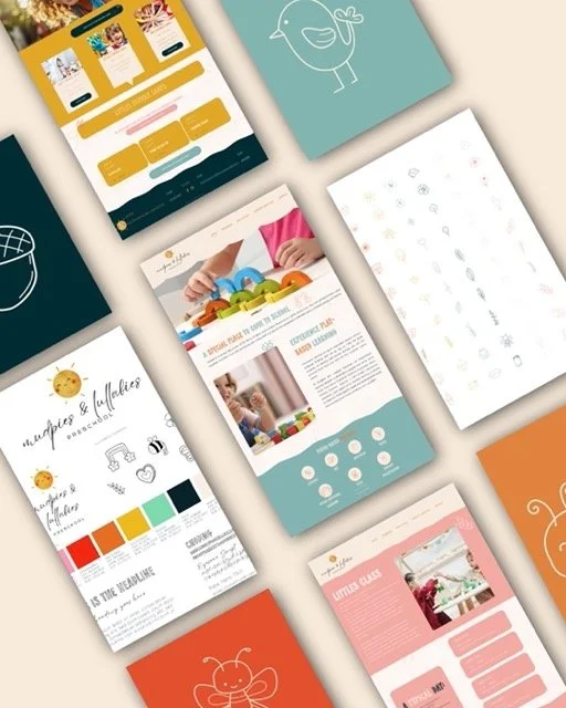 Coloful design with website pages, doodle art, visual identity branding sheet for Mudpies & Lullabies preschool in Bend.