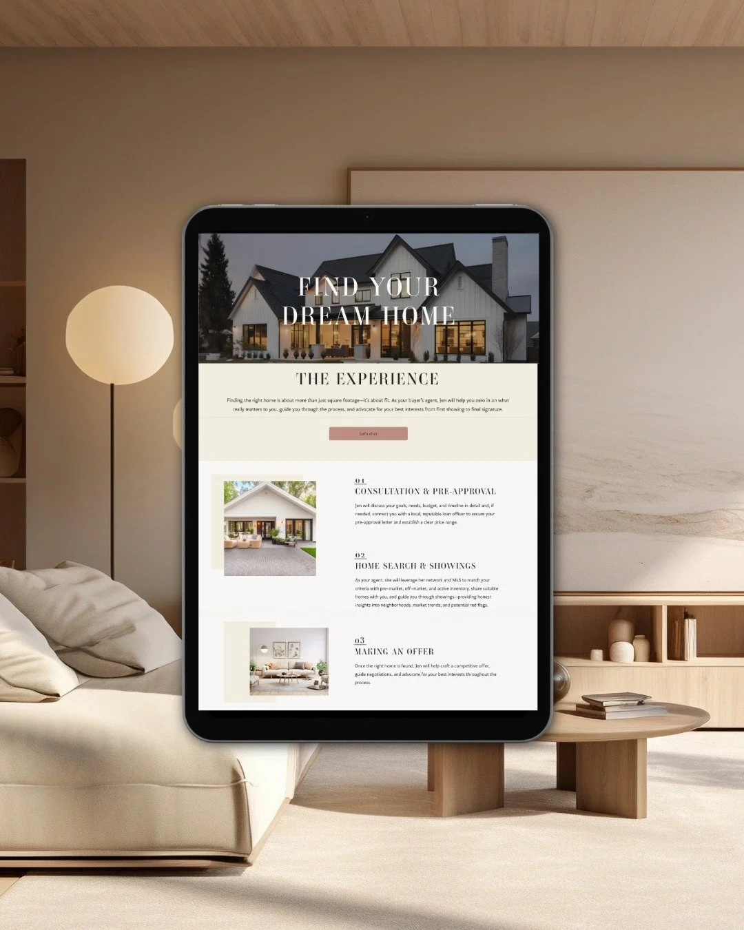 Harmonious living room image layered with tablet on top with a real estate website design made by a web designer in Bend Oregon.