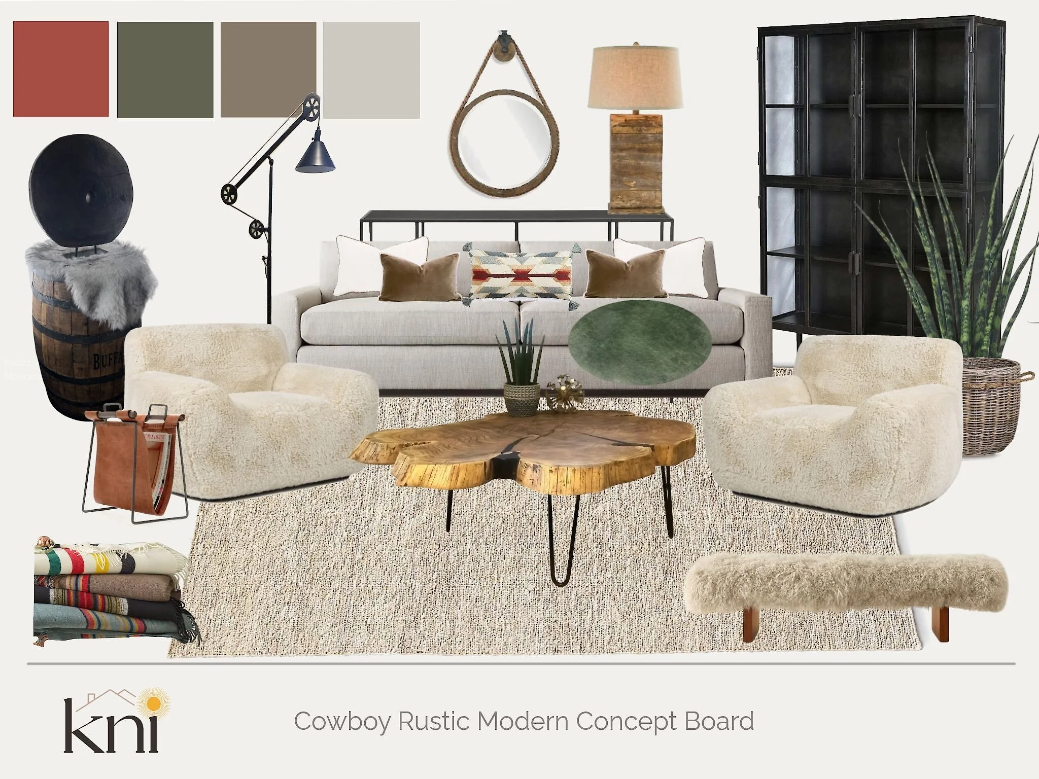 A modern rustic living room with a light gray sofa accented with brown and patterned pillows, two cream textured armchairs, a natural wood coffee table with black hairpin legs, a black display cabinet, black geometric floor lamp, wall mirror, table l