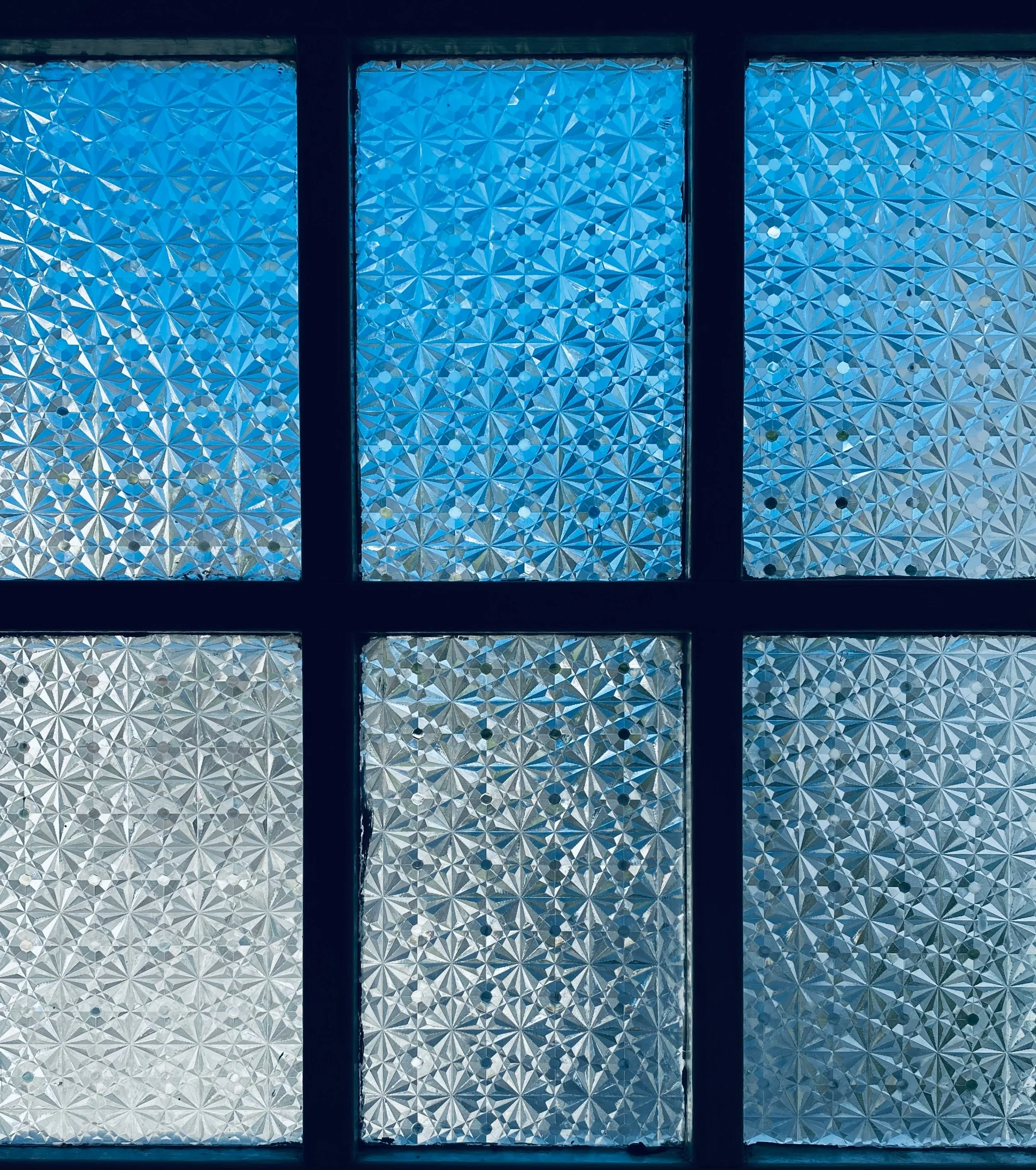 Frosted glass window with a geometric floral pattern and black window frames.