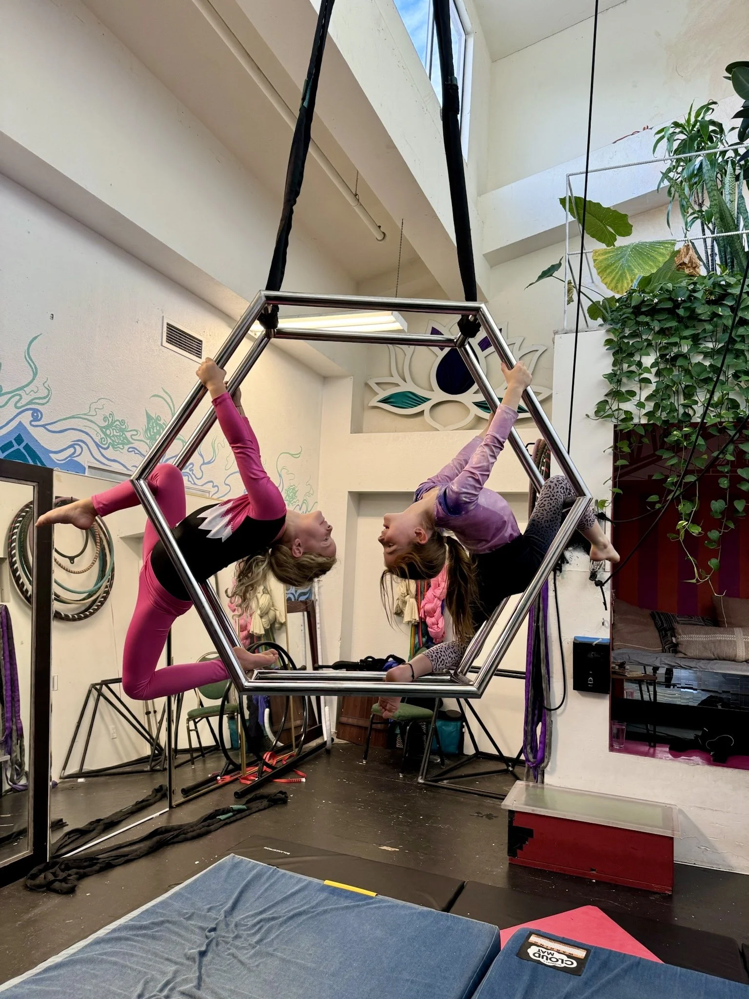 Two young girls practicing aerial acrobatics on a pentagon-shaped aerial hoop inside a dance studio, with plants and mirrors visible in the background.