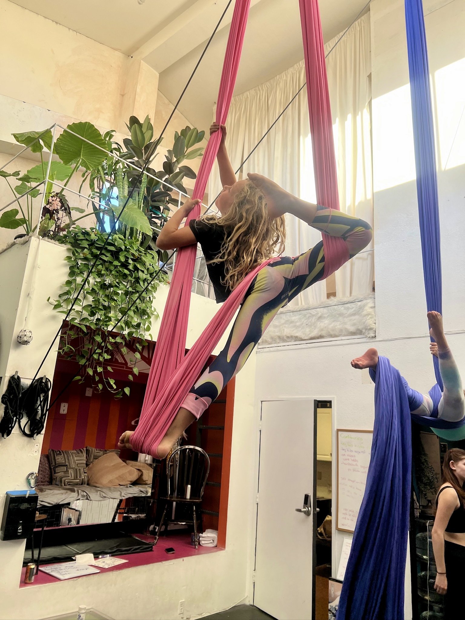Two women practicing aerial silk yoga indoors, one doing a backbend on pink silk and the other in a different pose with blue silk, with plants and a whiteboard in the background.