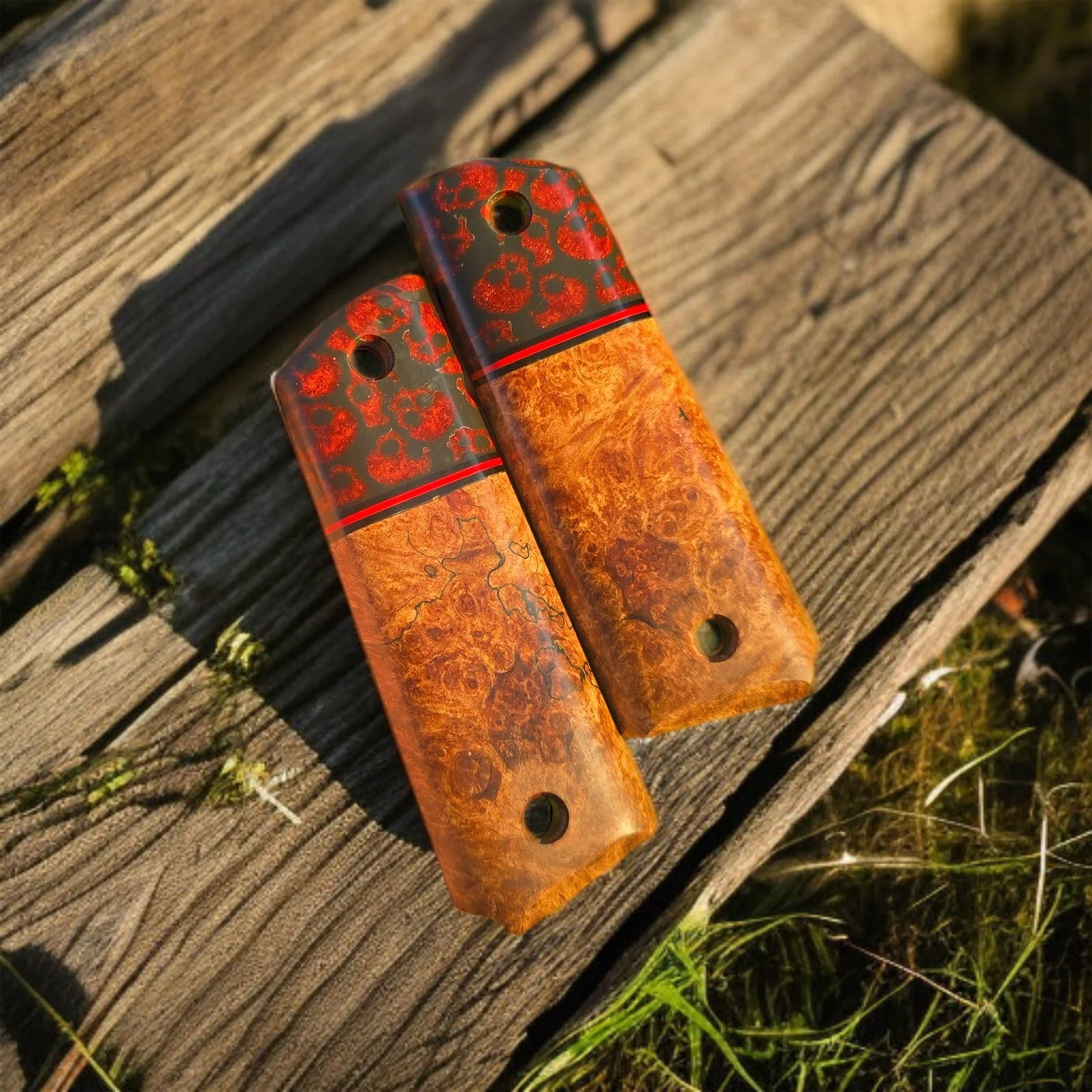 Epic Segmented 1911 grips! These feature a 3D printed skull pattern with red full and paired with a wicked grained spalted maple burl wood. This set adds a bit of character and truly a unique piece of art!

Be sure to follow for more segmented scales