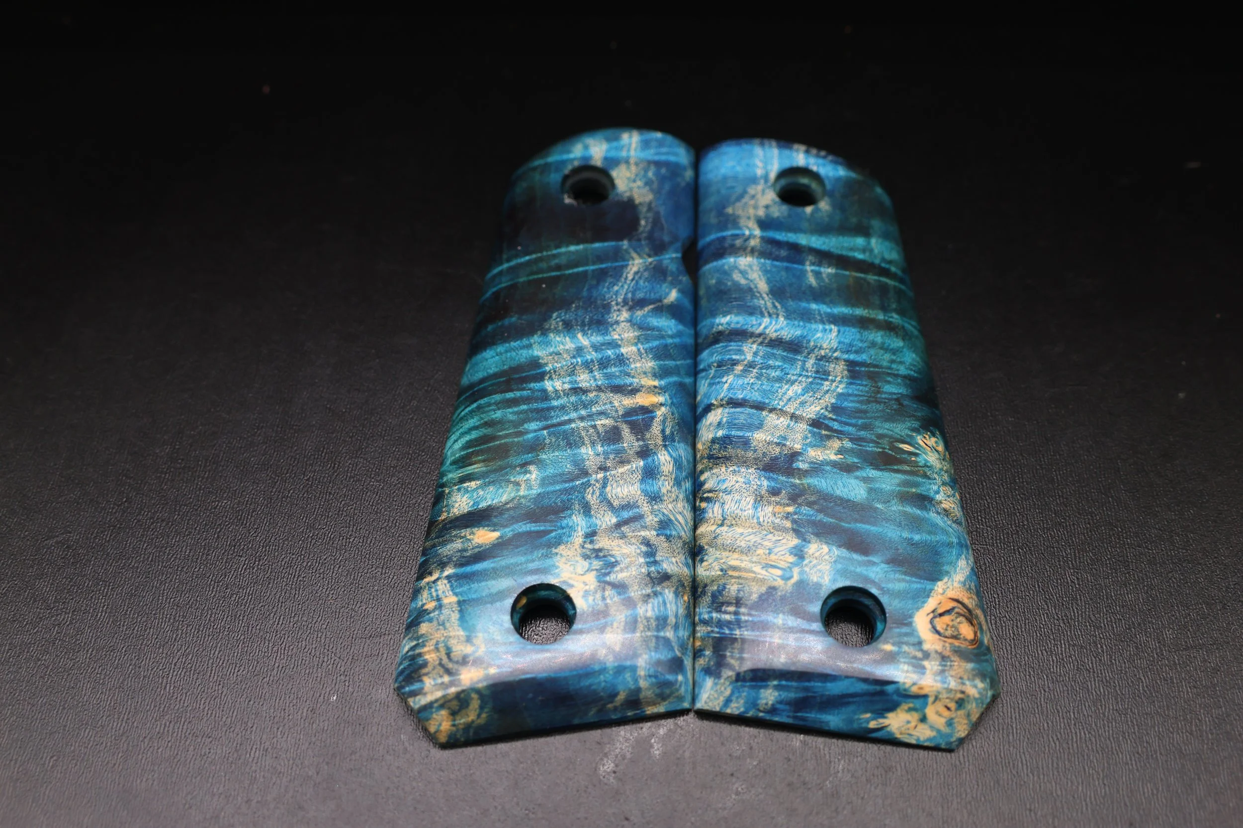 Compact 1911 Pistol Grips -  Blue Dyed Box Elder Burl — Handcrafted from Stabilized Wood