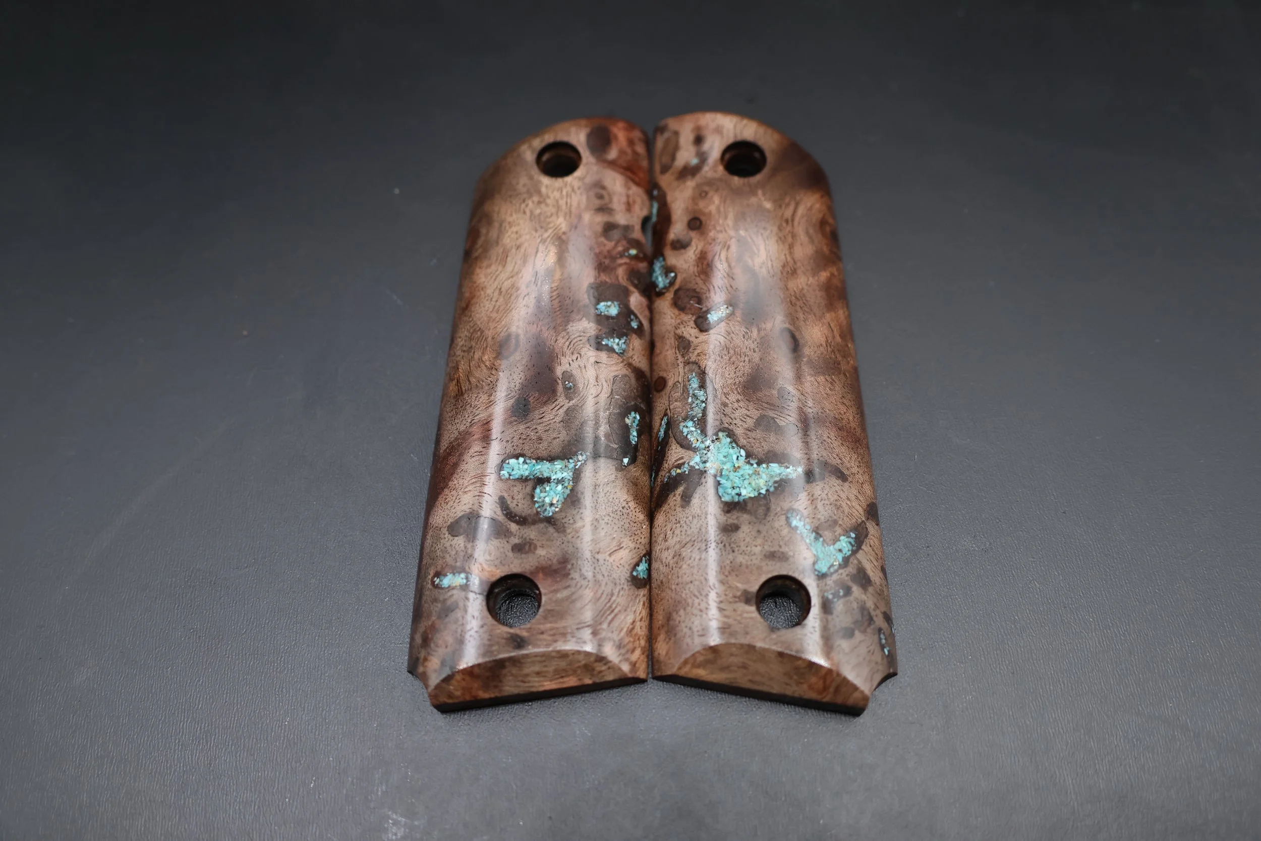 Full Size 1911 Pistol Grips -  Walnut and Turquoise — Handcrafted from Stabilized Wood