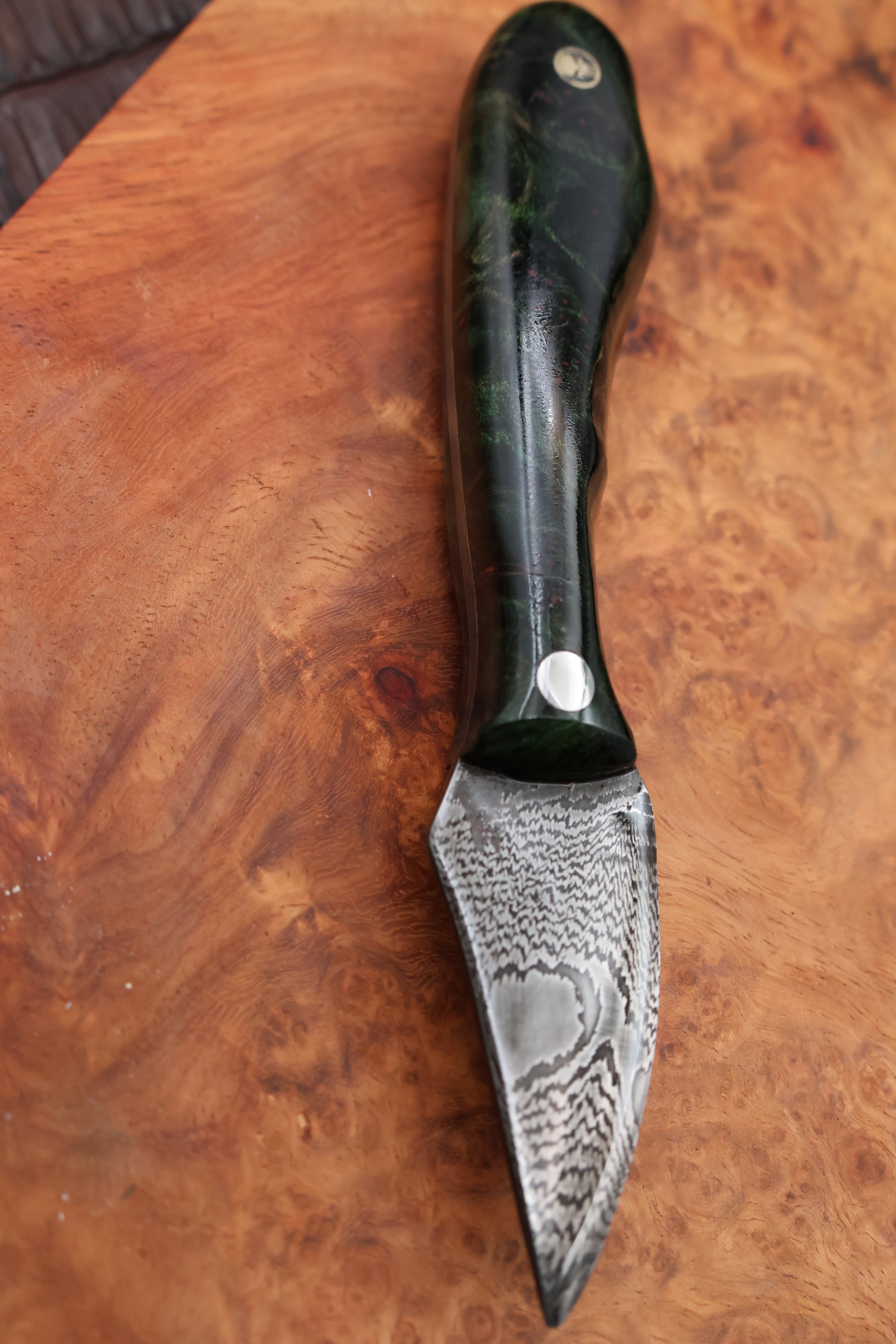Salty Scalpel | Hand-Forged Damascus with Green Dyed Redwood Handle