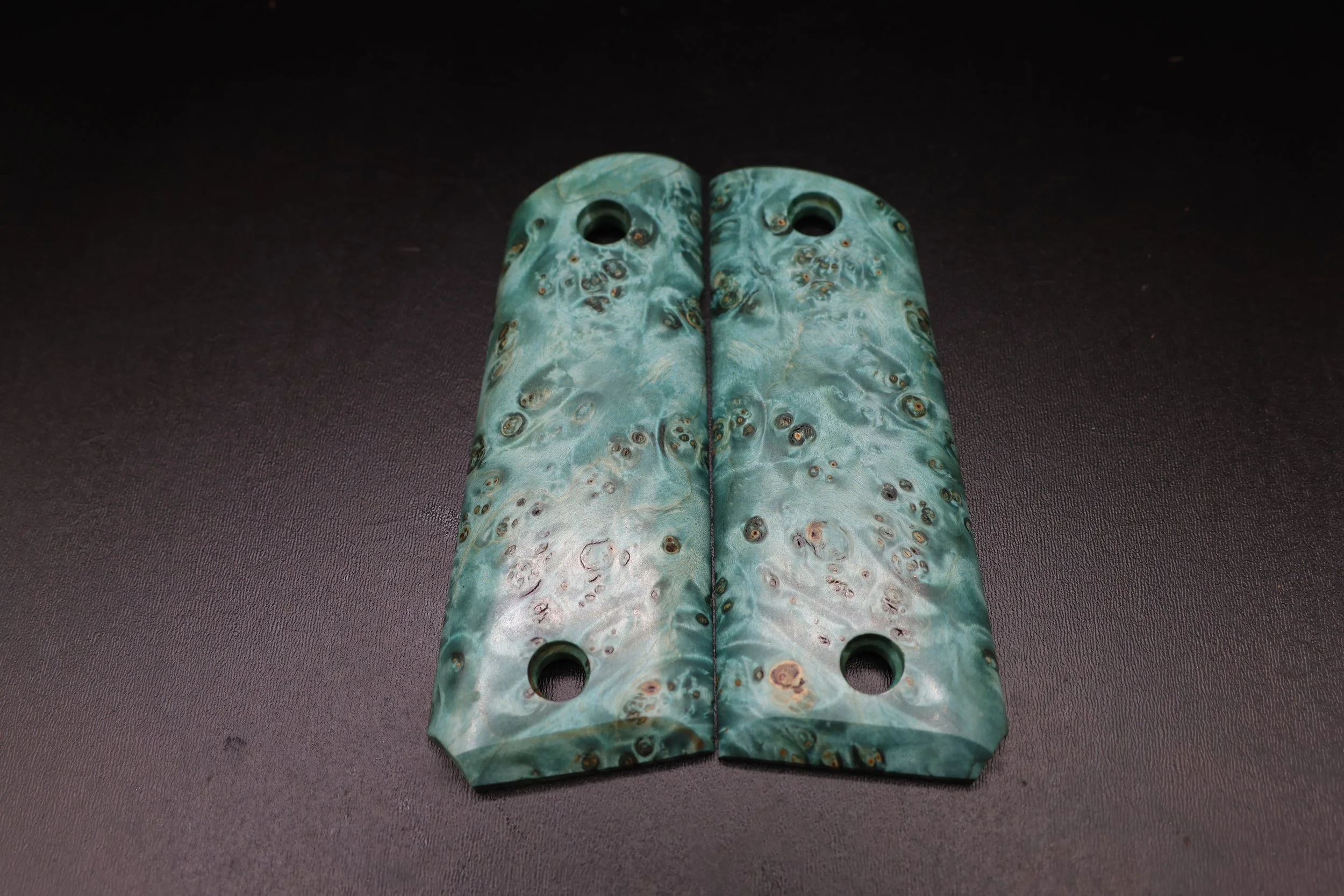 Compact 1911 Pistol Grips -  Blue Dyed Box Elder Burl — Handcrafted from Stabilized Wood