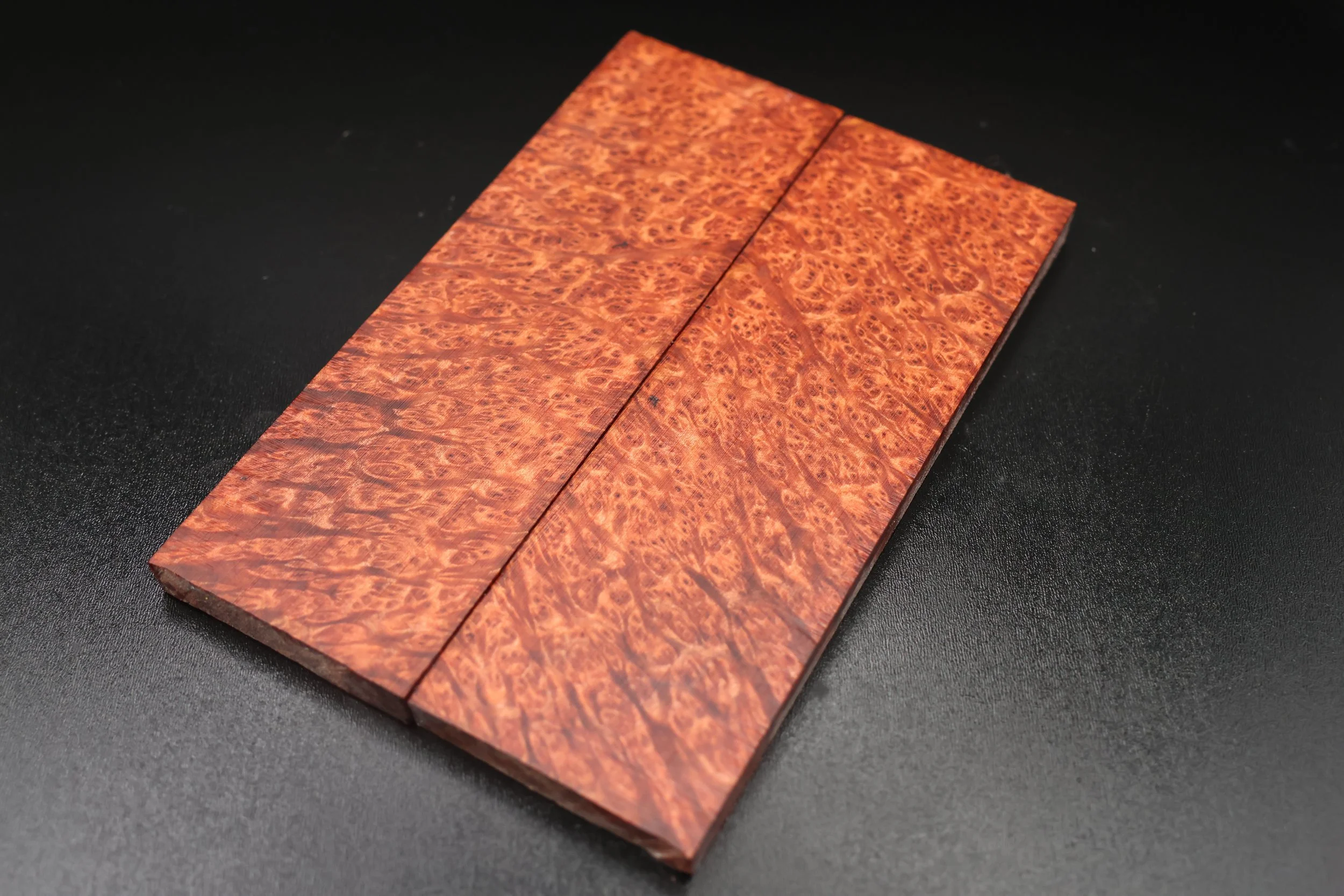 Redwood Lace Burl Knife Scale Blanks on Black Background