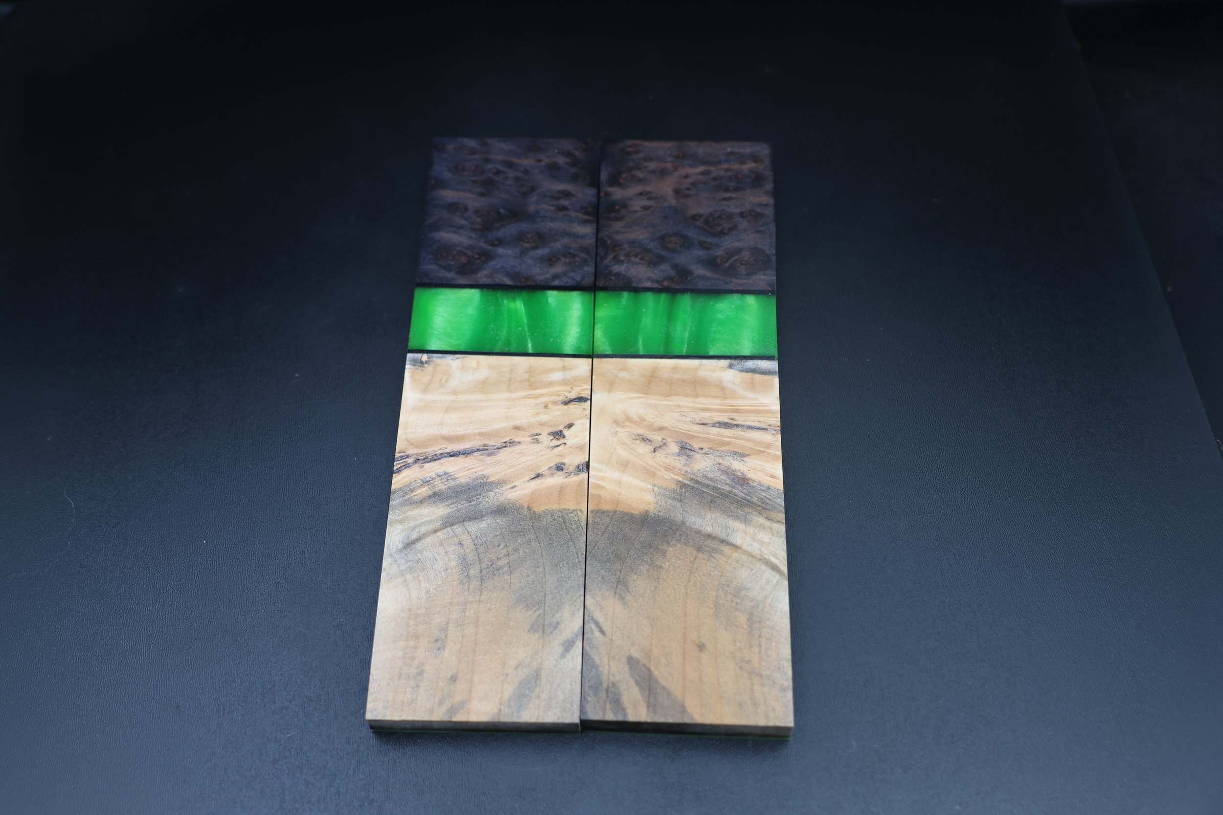 Hybrid Segmented Knife Scales – Redwood Lace Burl, Green Resin, Buckeye, G10 Backer