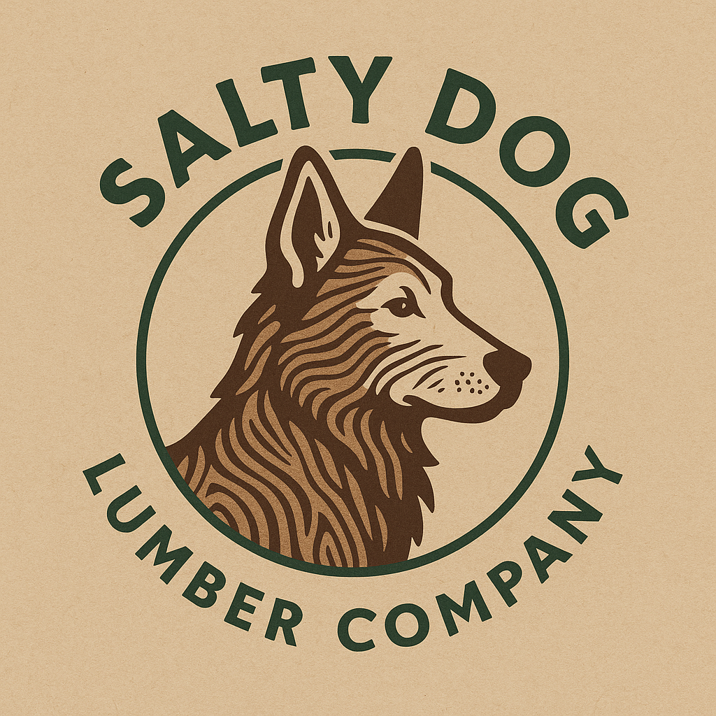 cartoon dog with woodgrain fur in a circle of green with words "Salty Dog Lumber Company" around it