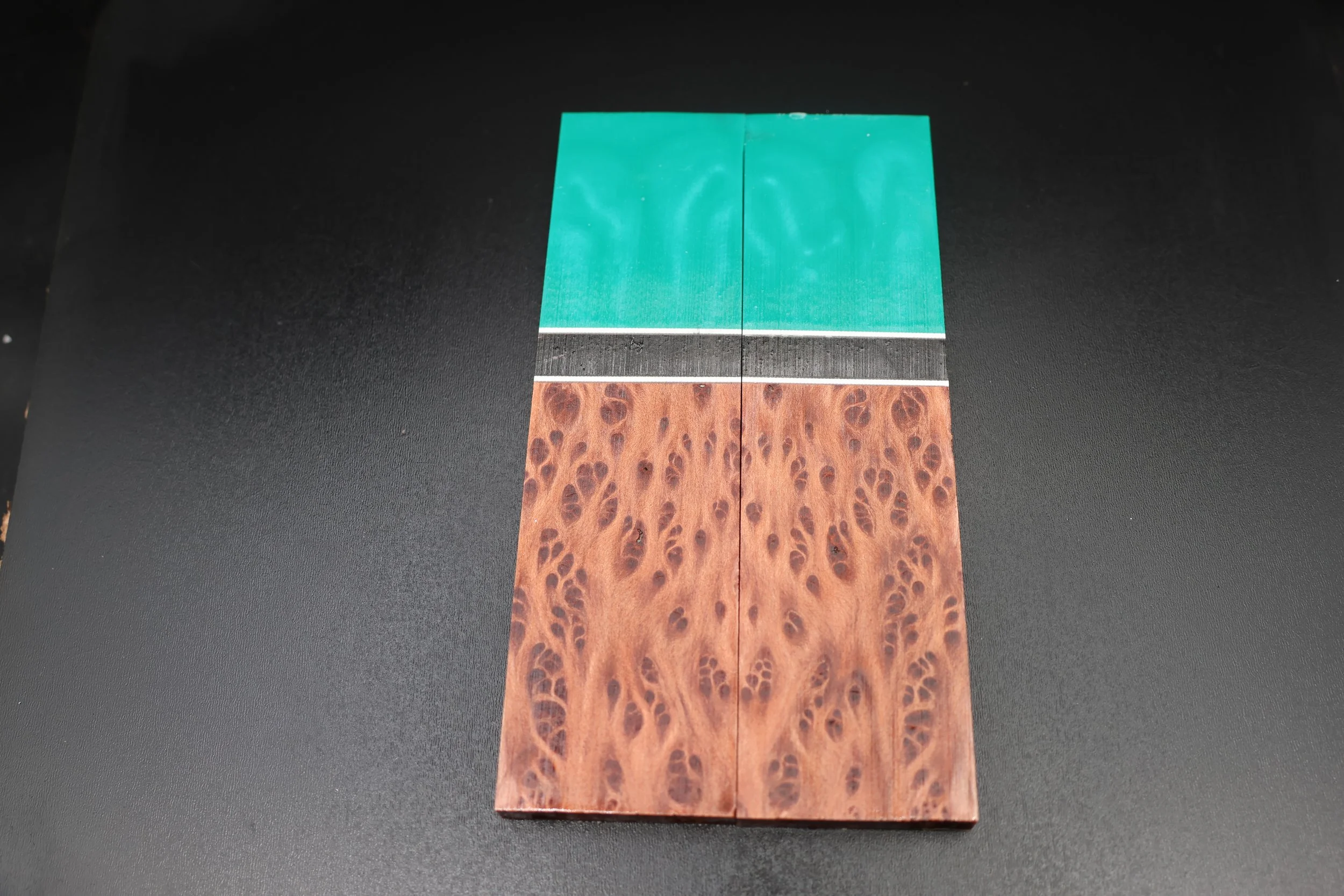 Hybrid Segmented Scales – Blue Epoxy Resin, Ram Horn, Acrylic Spacers & Redwood Lace Burl