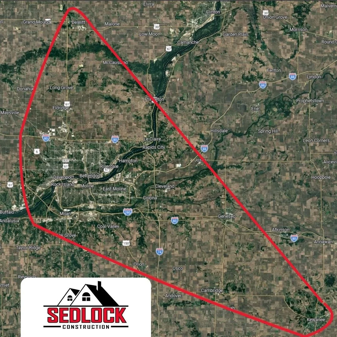 A map showing a red line outlining a specific area, with city names like Davenport, Rock Island, Moline, and East Moline, and major highways. Sedlock Construction logo is in the bottom left corner.