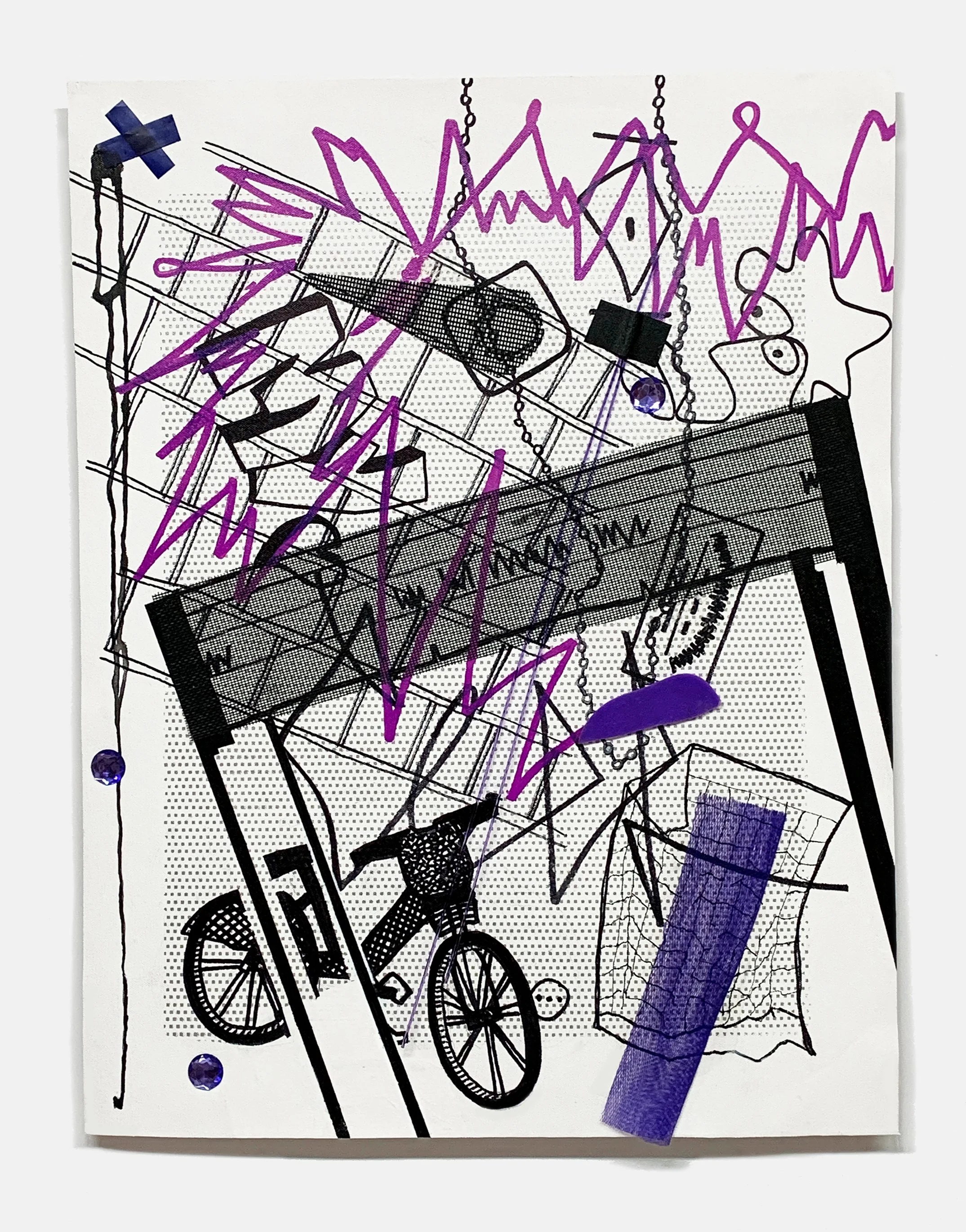 Come Ride with Me!,  2022
 Acrylic, marker, window screening, bling, artist tape, netting, found objects, and silkscreen ink on unstretched canvas,
 22 5/8 x 17 5/8 in