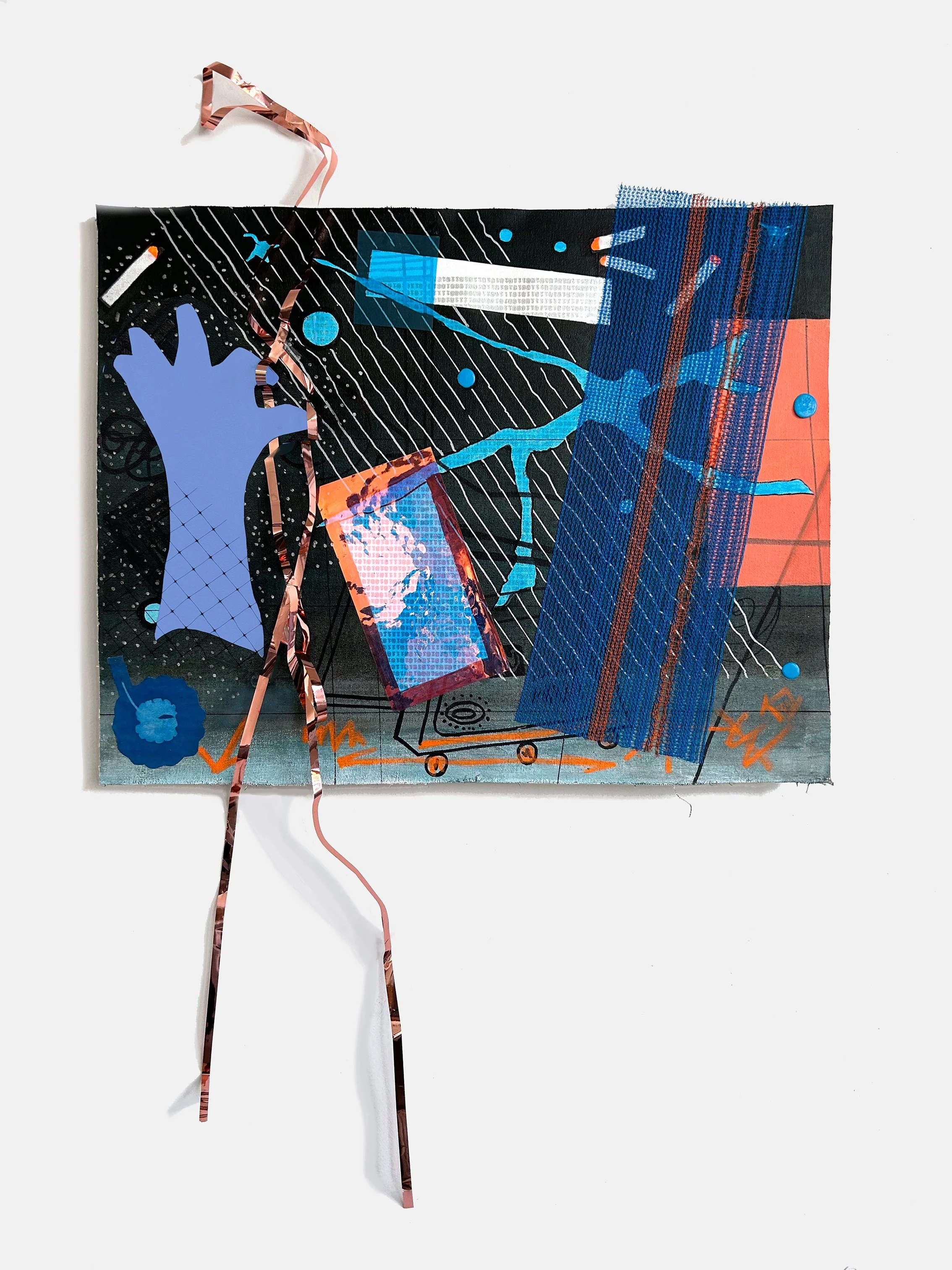 Sidewalk Torque,  2024
 Acrylic, marker, reflective ribbon, dichroic foil, construction netting, acrylic resin pieces, blue paper, glitter, masking plastic, and silkscreen ink on unstretched canvas
 18 x 22 3/4 x 2 in (canvas),
 38 x 22 3/4 x 2 in (
