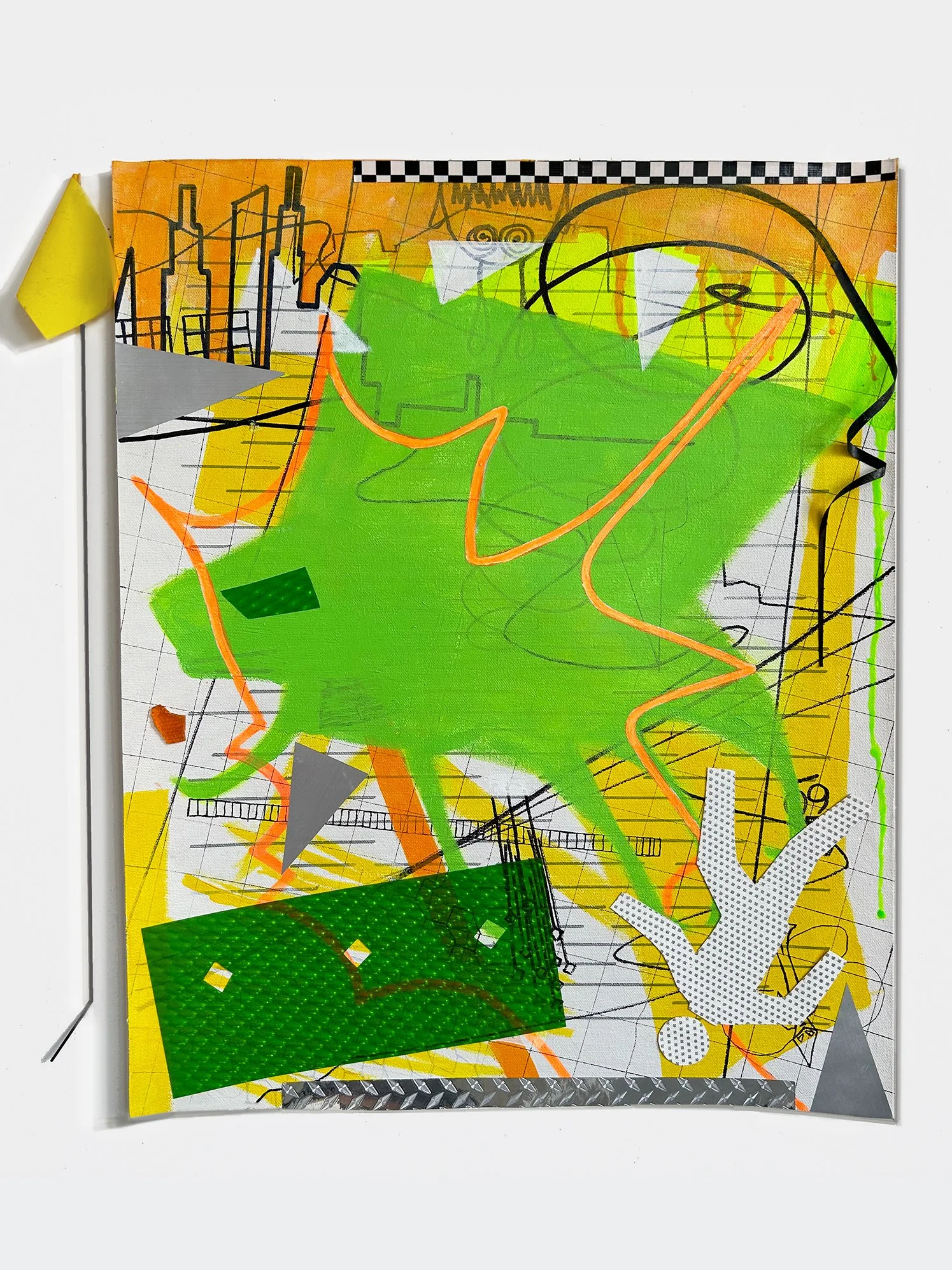 Indictor,  2023 
 Acrylic, marker, artist tape, plastic sheet, reflective foils, and silkscreen ink on canvas
 22 x 17 1/4 in