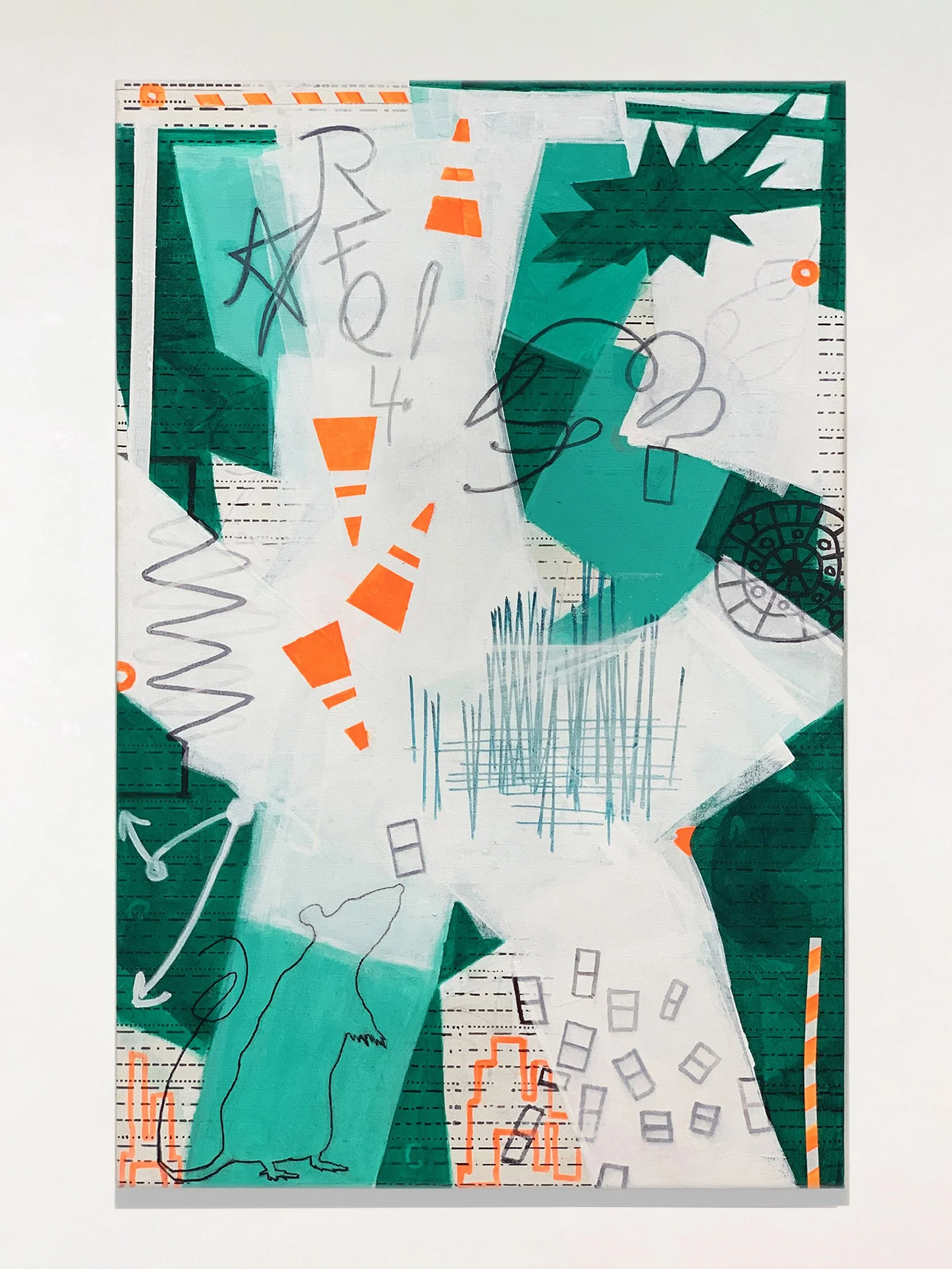 RFQ4-Rebar  (40°40’57.5” N, 73°58’24.9” W),  2018
 Acrylic, tape, marker, and silkscreen ink on canvas
 26 x 17 x 1 in