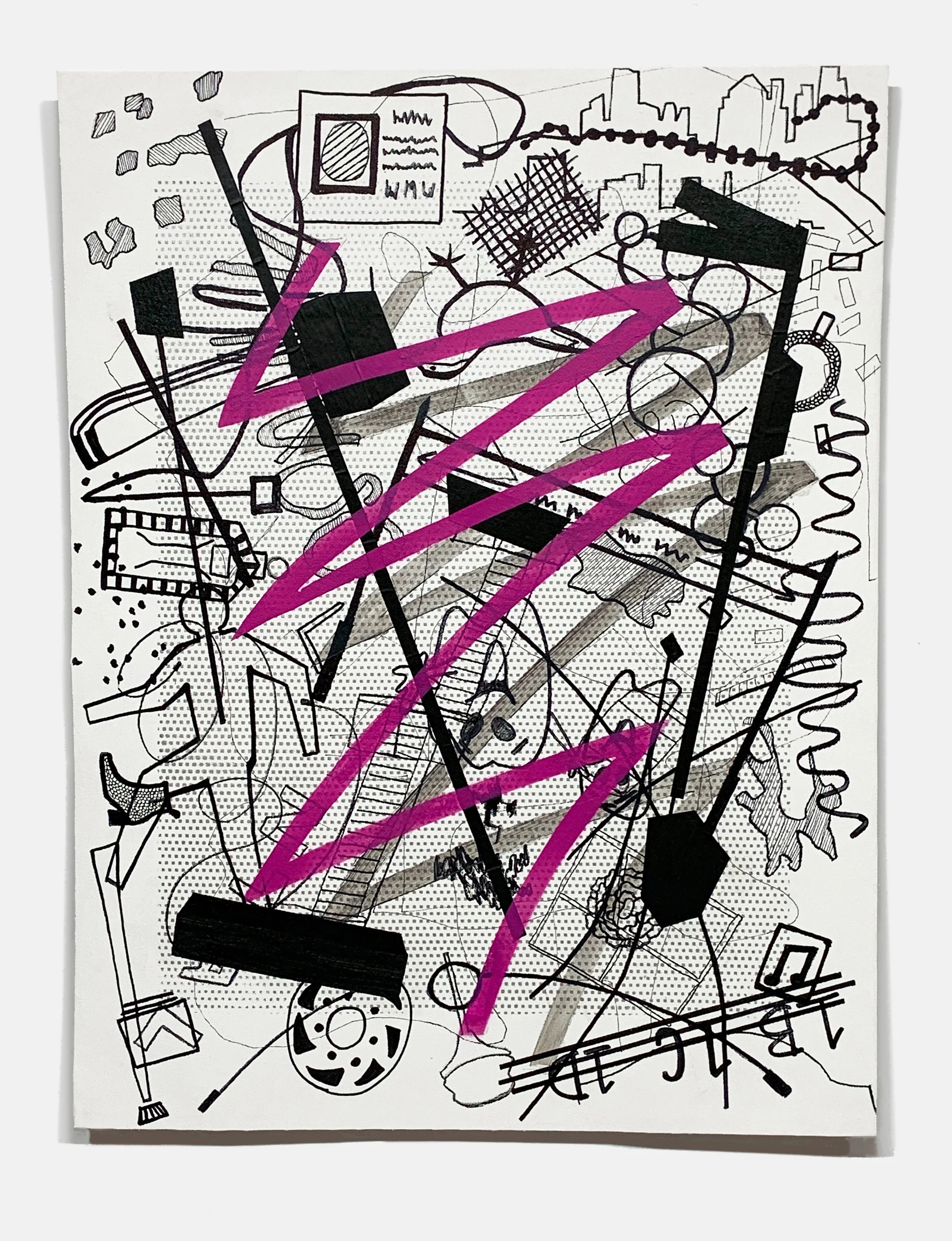 High Five,  2022
 Acrylic, marker, artist tape, spray paint, and silkscreen ink on unstretched canvas
 22 3/4 x 17 5/8 in