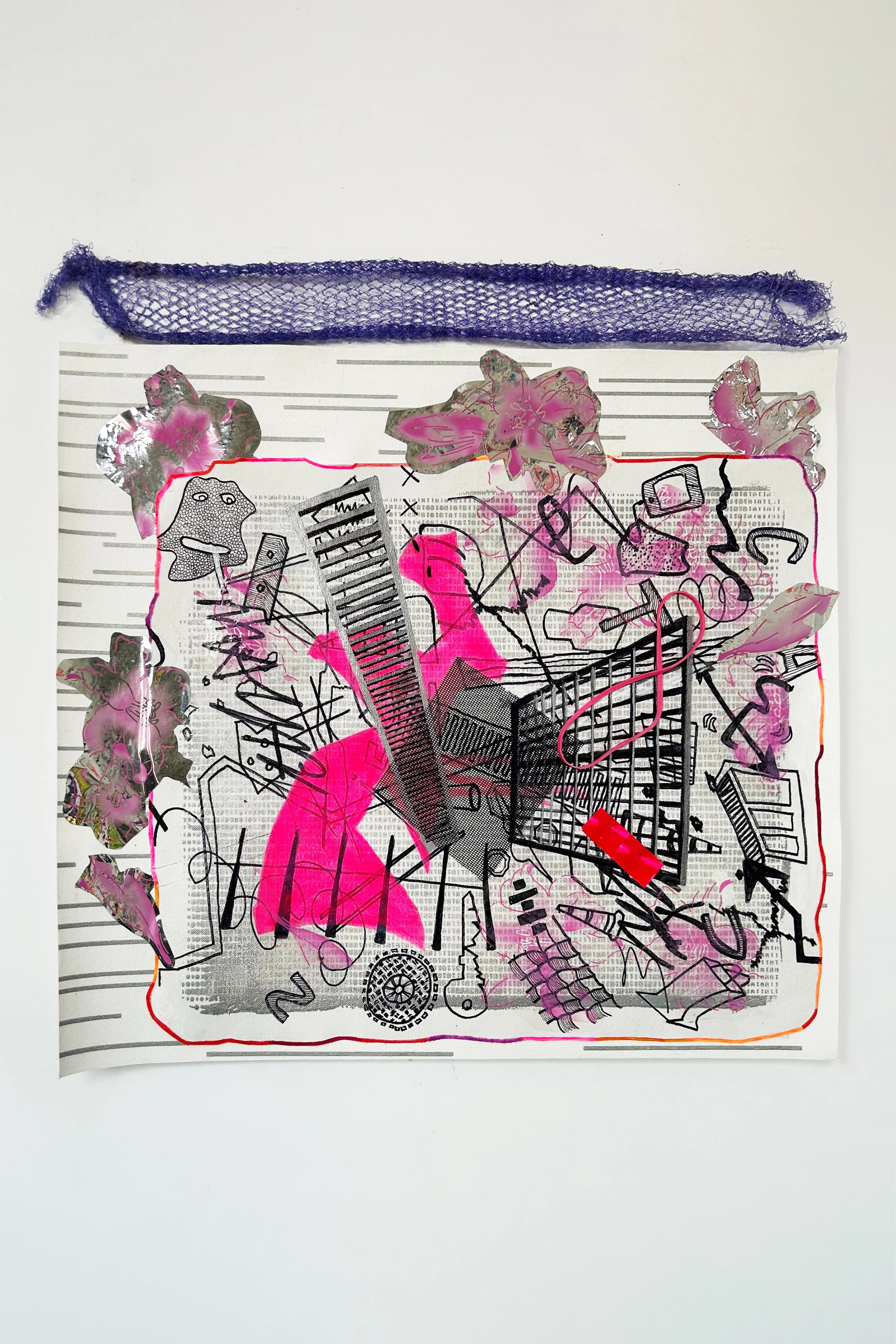  Gwendolyn the Wren,  2026
 Acrylic, marker, window screen, fabric net, plastic and foil packaging and silkscreen ink on unstretched canvas on canvas
 20 ¼ x 22 ½ x ¾ in (canvas)
 22 ¼ x 22 ½ x ¾ (wall)