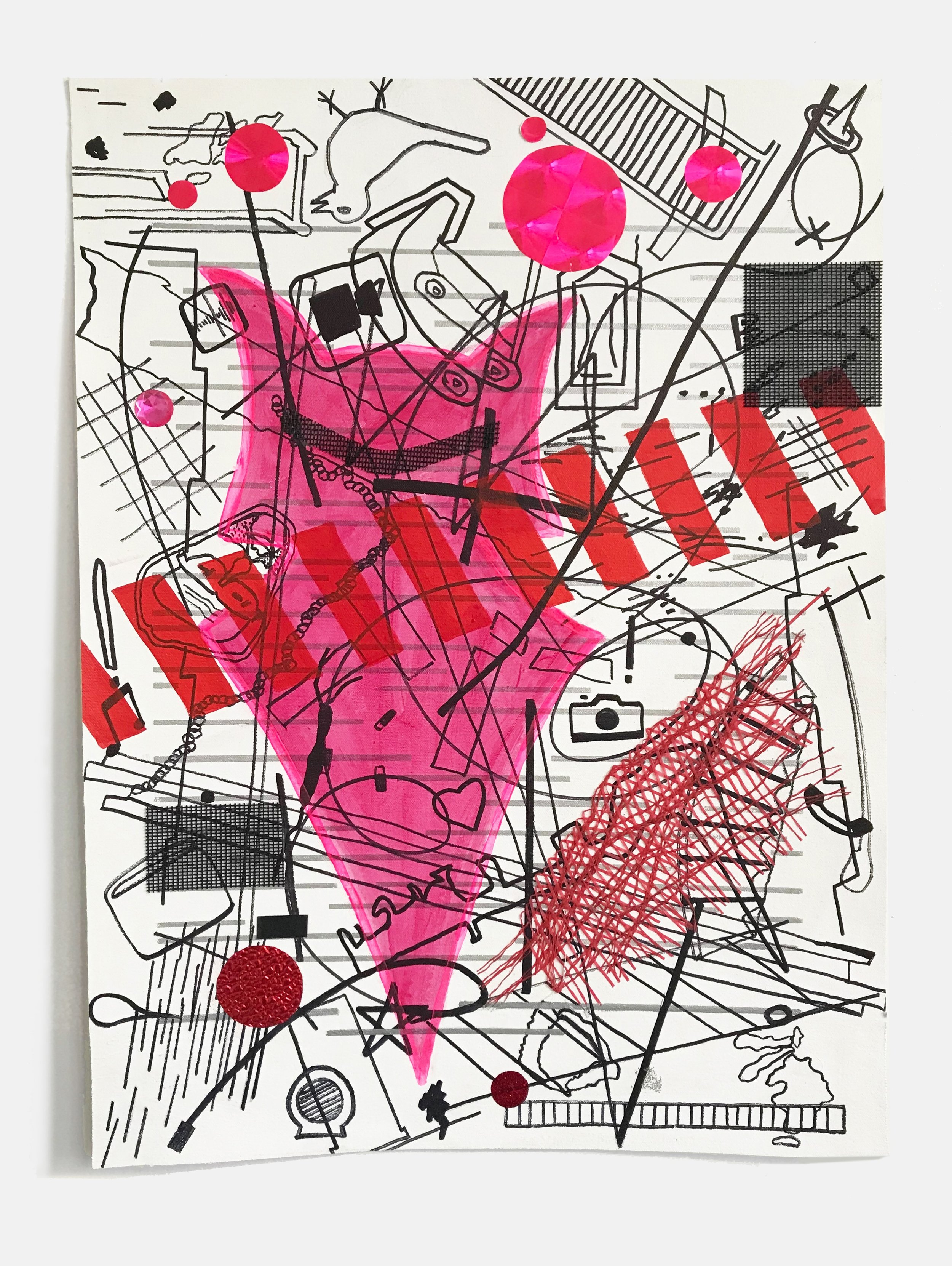 Kool Kat,  2022
 Acrylic, marker, reflective foils, screen, netting, and silkscreen ink on unstretched canvas, 
 22 3/4 x 17 5/8 in