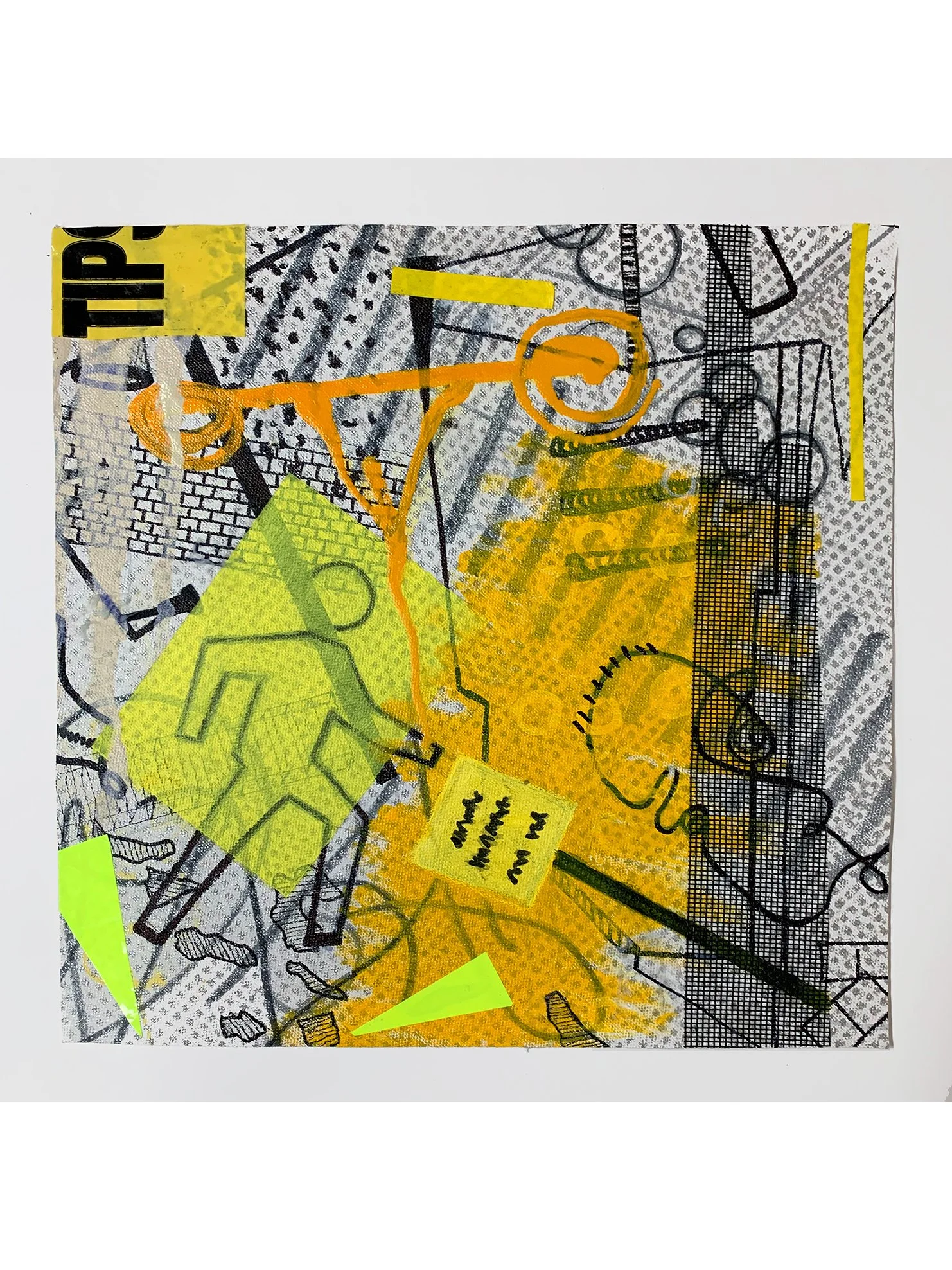 Lemon Links,  2023
 Acrylic, marker, ink, artist tape, plastic sheeting, caution tape, plastic screen, and silkscreen ink on canvas mounted on museum board
 10 x 10 in