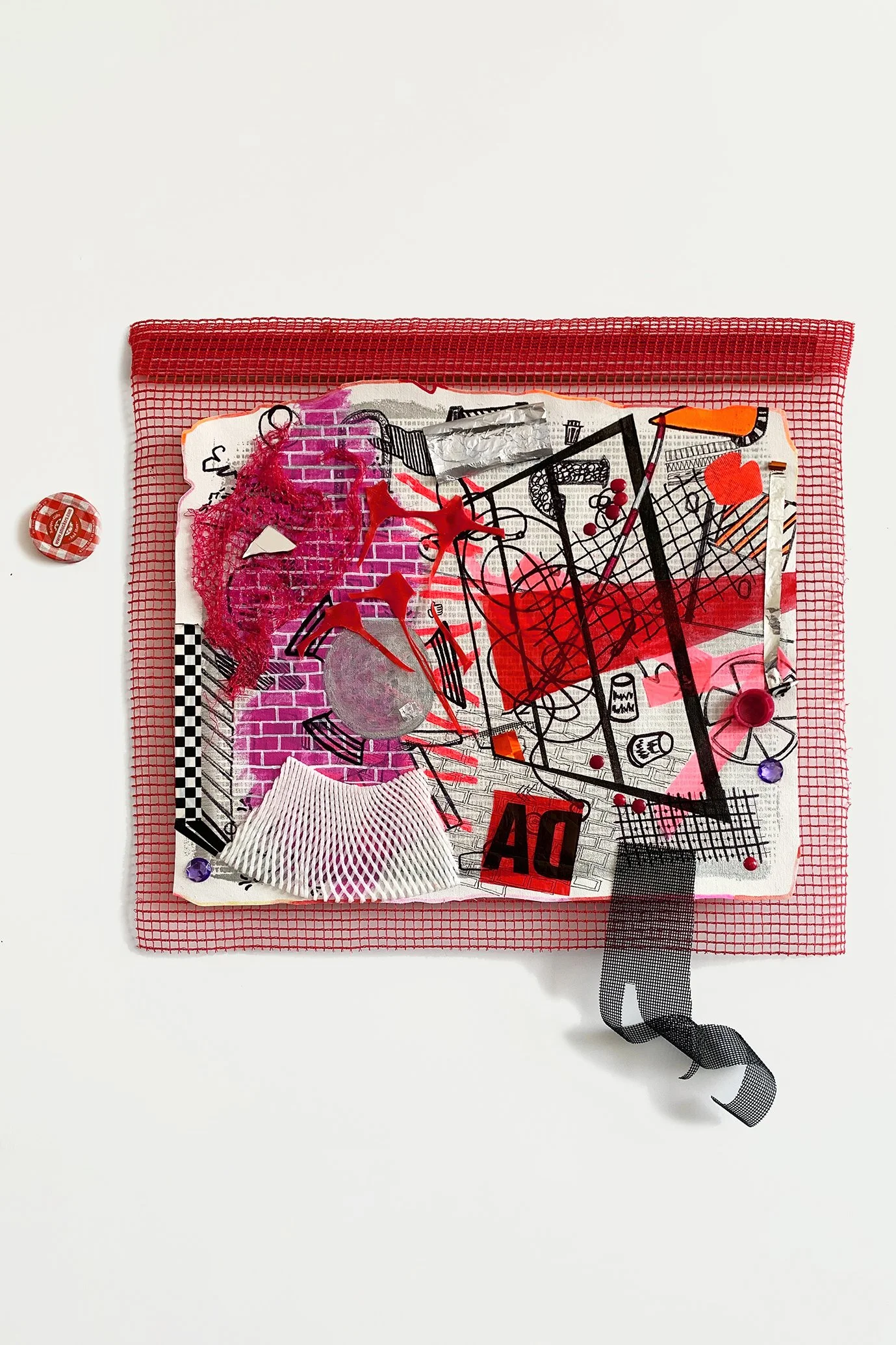  New Coenties Slip,  2026
 Acrylic, marker, plexiglass screen, caution tapes, deli netting, styrofoam holder,
aluminum foil, mirror shard, bottle cap, glass bling, resin pieces, jar cap and silkscreen ink on unstretched canvas on construction netting
