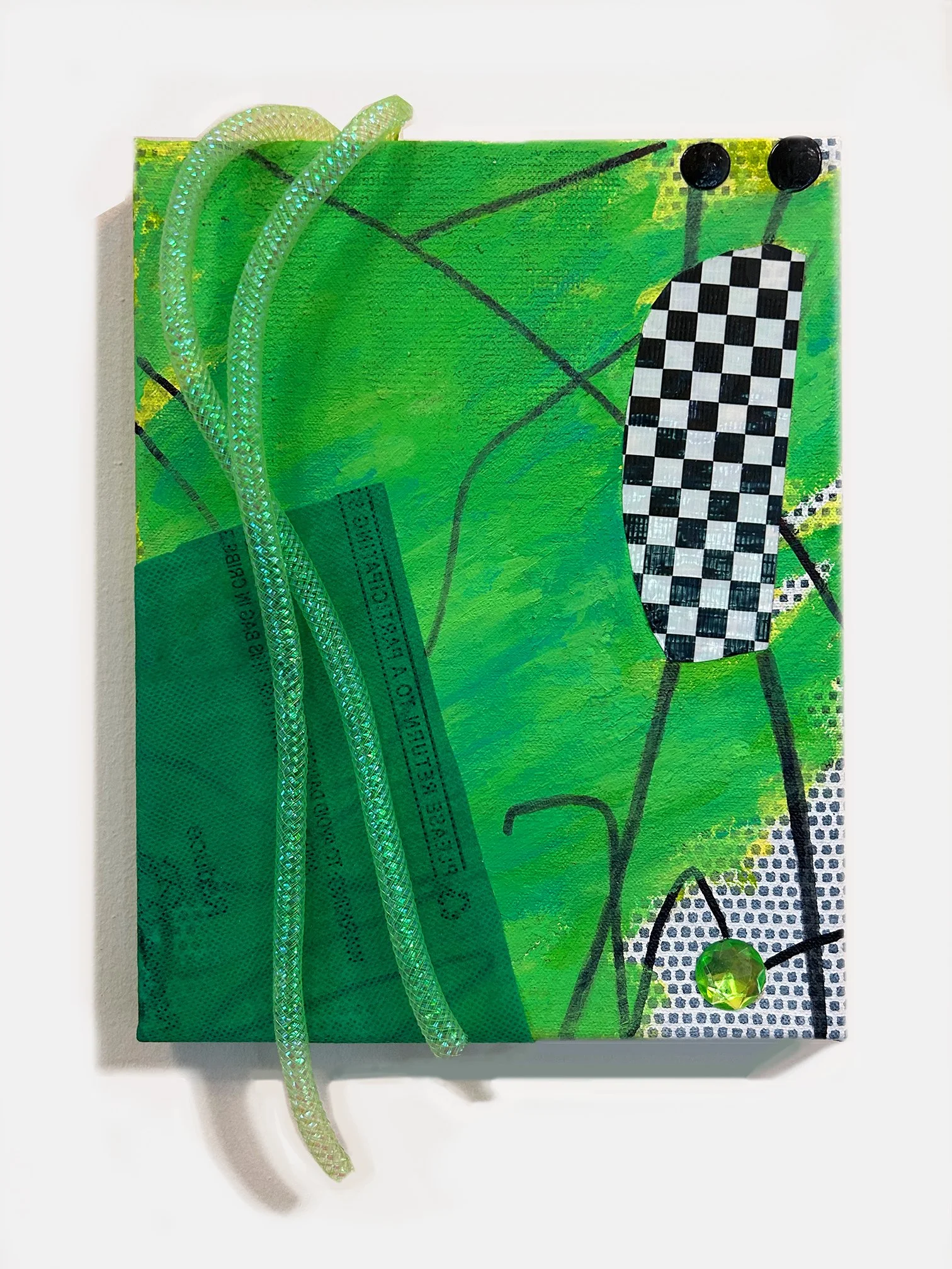 Steppin’ Out or CitySpectrum II :Green,  2025
 Acrylic marker, fling, shopping bag fragment, gorilla tape, resin pieces, and silkscreen ink on canvas
 13 x 8 x 3 in