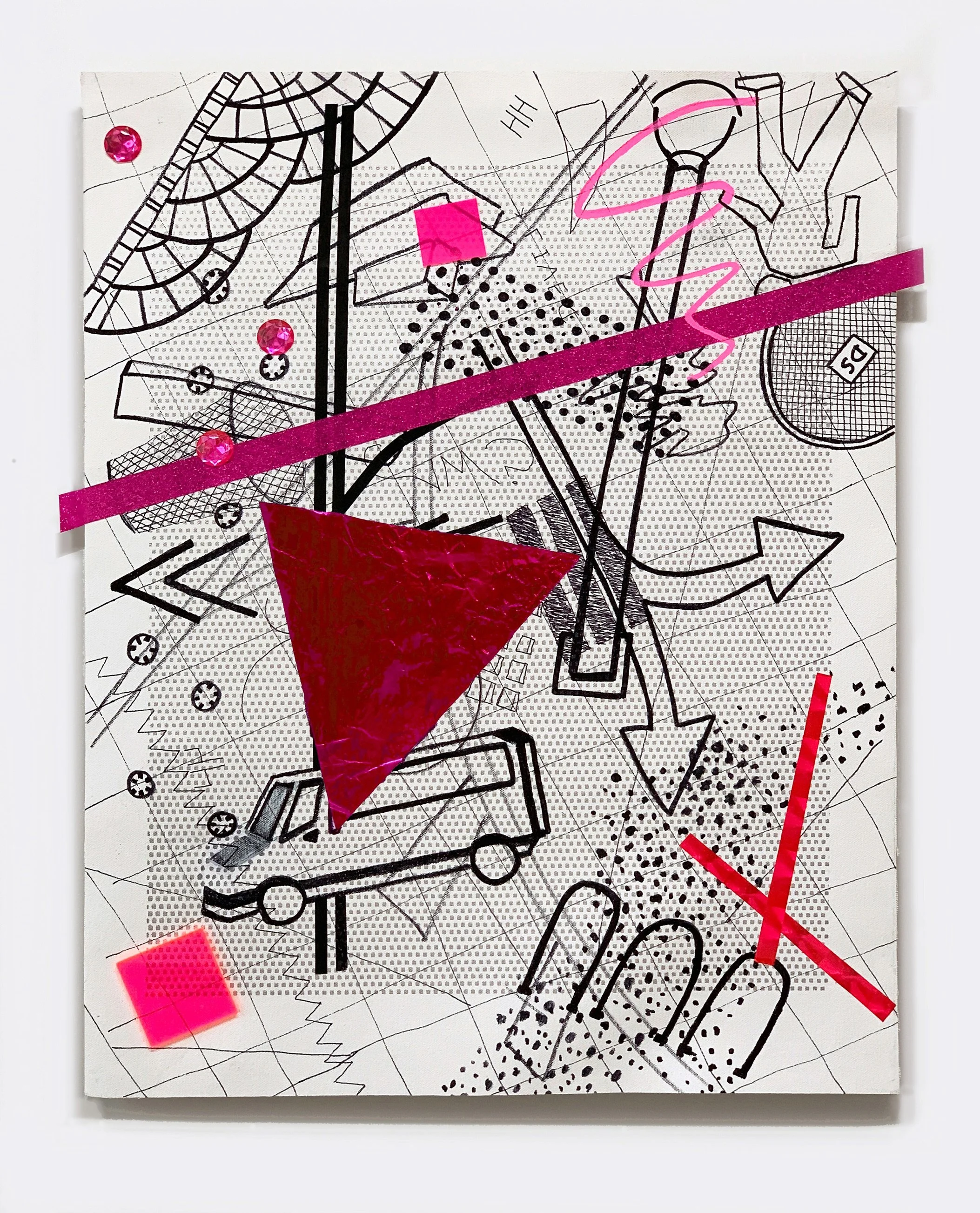 Wide Angle Lens,  2022
 Acrylic, marker, sequined ribbon, foil, acrylic sample square, sketchbook cover piece, silkscreen ink on unstretched canvas,
 22  x 17 in