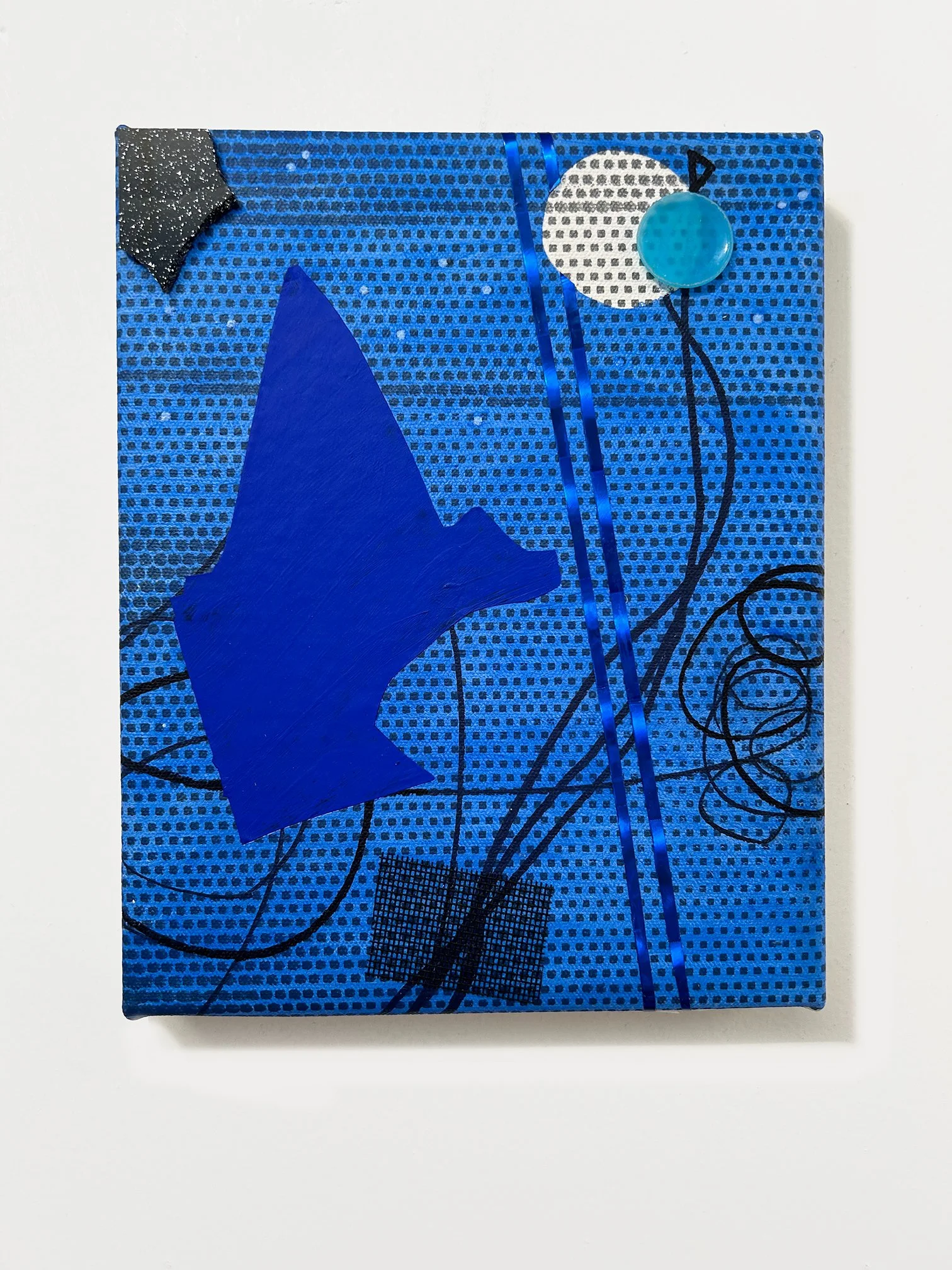 SKY TRACKS II or Imagining Magdalena Moon" or Pietown Sky,  2024 
 Acrylic, marker, reflective foil, found plastic object, plexiglass shard, window-screen, and silkscreen ink on canvas
 10 x 8 x 1 1/4 in