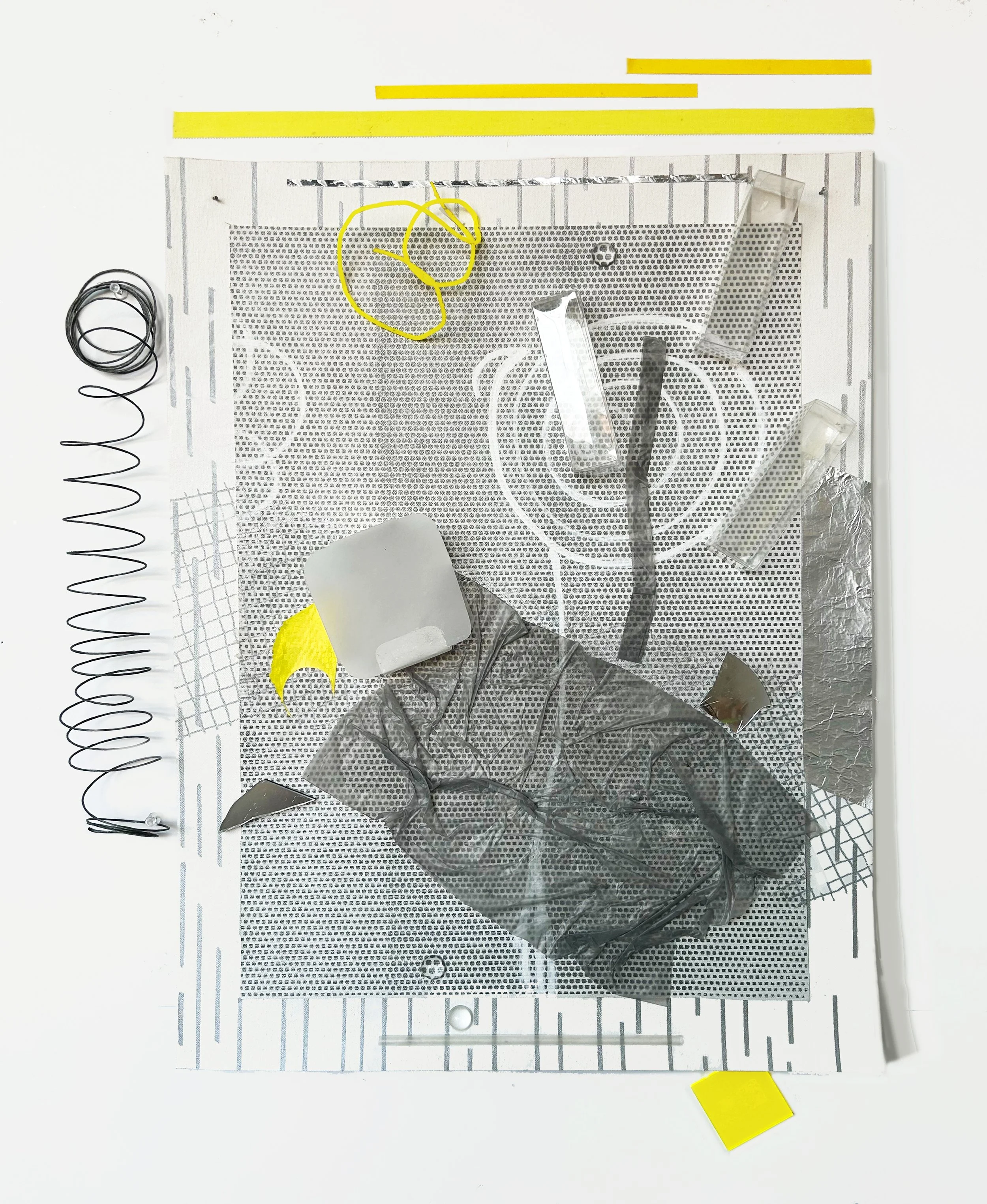  Found Sound,  2026
 Acrylic, marker, plastic bag, vinyl sheeting, plastic boxes, artist tape, aluminum foil, plexiglass sample, picture hanging wire, mirror shard, CD fragment and silkscreen ink on unstretched canvas on canvas 
 24 x 18 x 2 in (canv