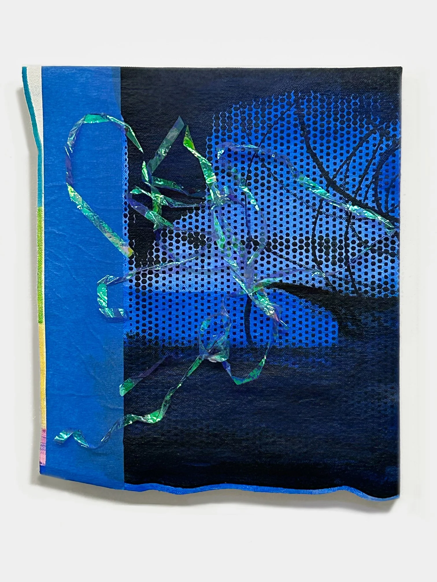 Dichroic Cave or Blue Tape Two,  2023
 Acrylic, marker, painter’s tape, dichroic ribbon, and silkscreen ink on unstretched canvas mounted on canvas
 11 x 9 x 3in