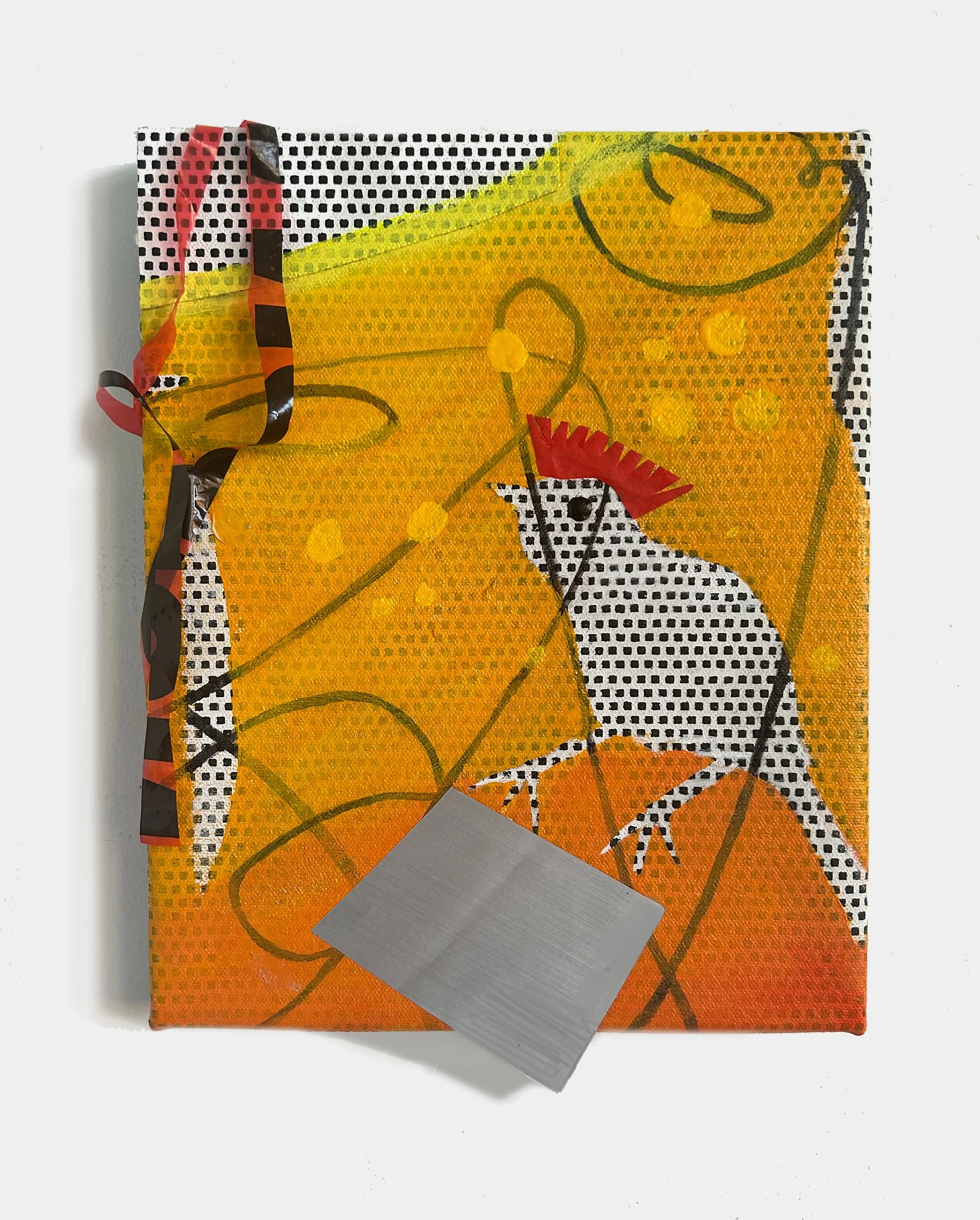 PunkRockChicken or City Spectrum II: Orange,  2025
 Acrylic, marker, canvas piece, caution tape, plastic fragment, silver plastic sheeting, and silkscreen ink on canvas
 11 1/2 x 8 x 1 in