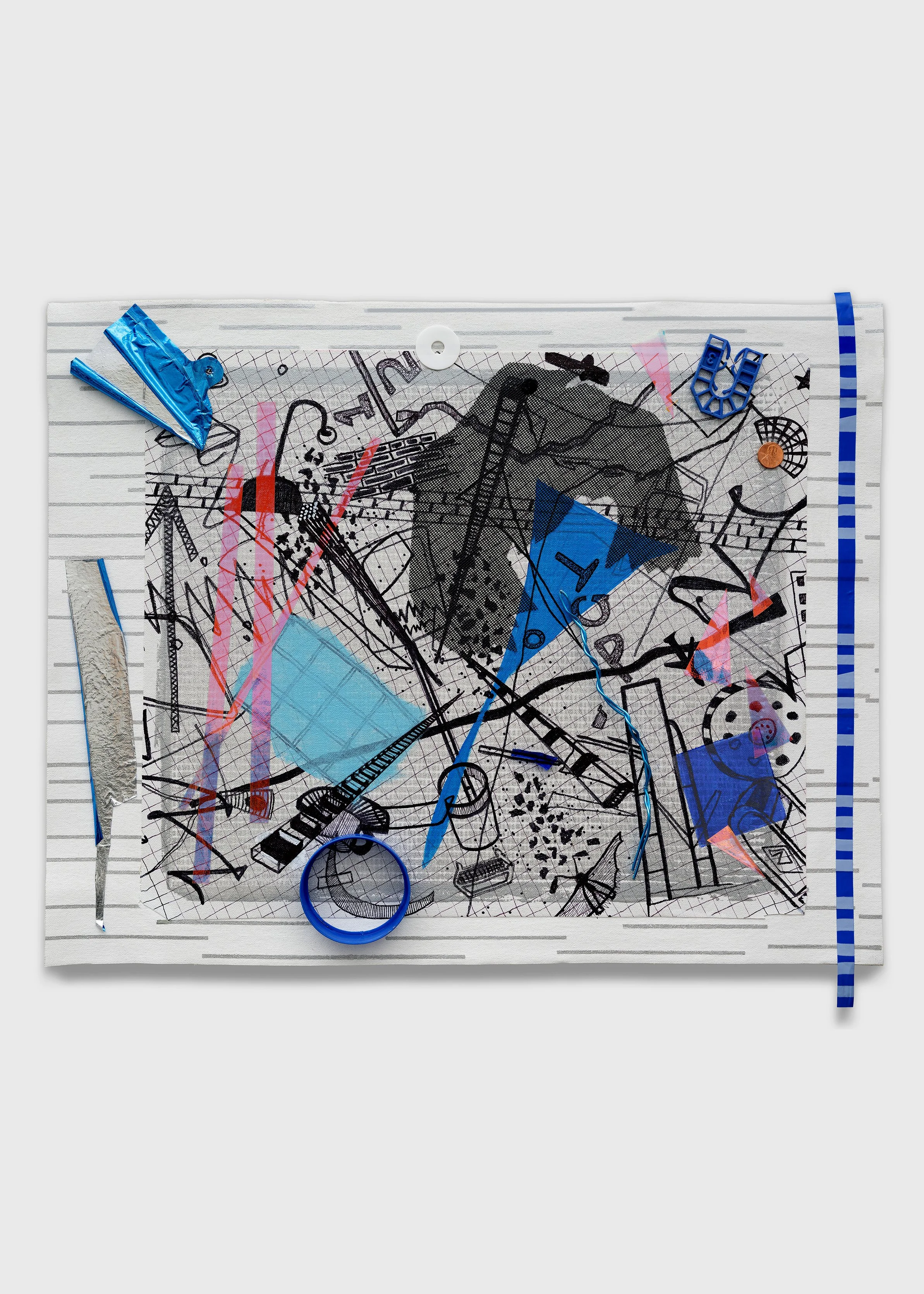  Bluebird,  2025
 Acrylic, marker, mylar balloon foil, police caution tape, metal wire, plexiglass screen, 
reflective foil, painter’s tape, plastic disk, plastic gear component, bottle cap, coin, and silkscreen ink on unstretched canvas on canvas
 1
