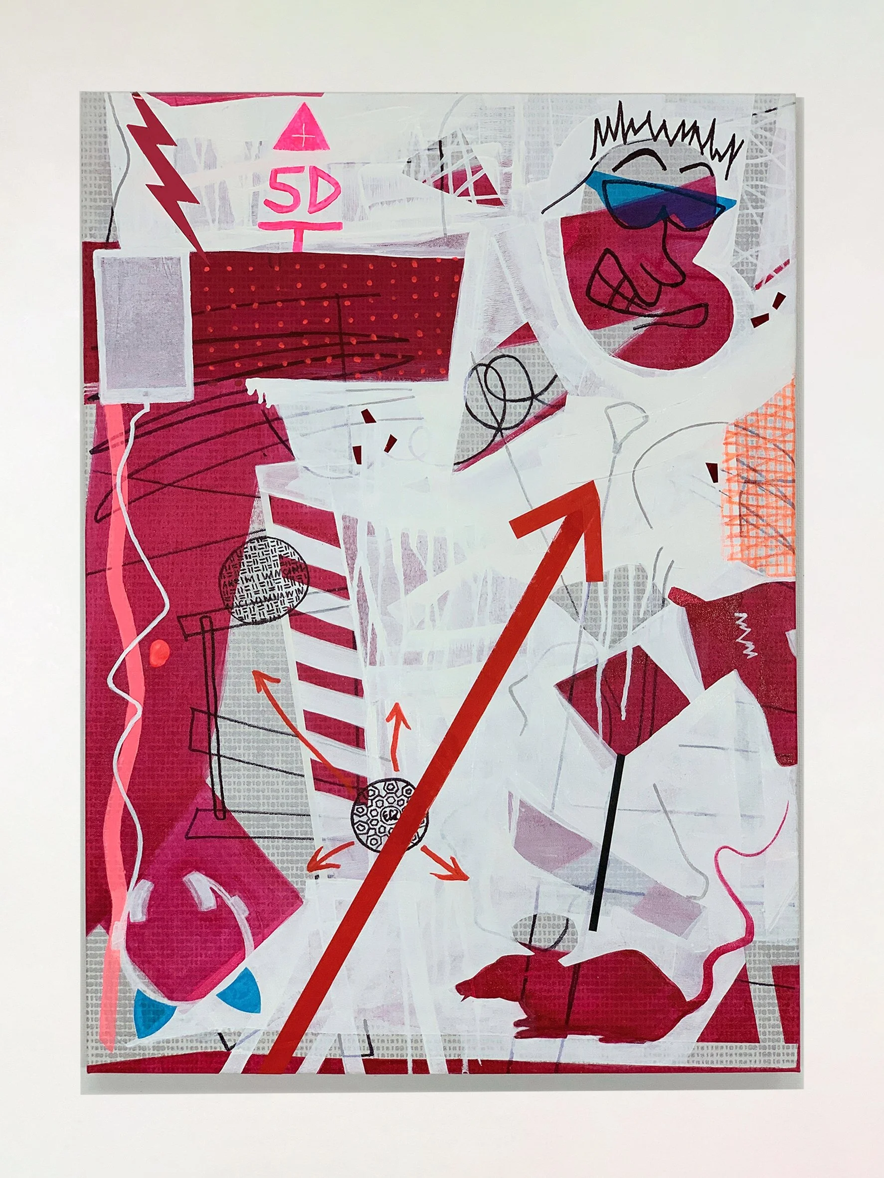 Red Rats!  (40°41’19.2” N, 73°58’47.6” W)				  ,  2018
 Acrylic, marker, foil, artist tape, plastic sheeting and silkscreen ink on canvas 
 29 x 21 x 1 in