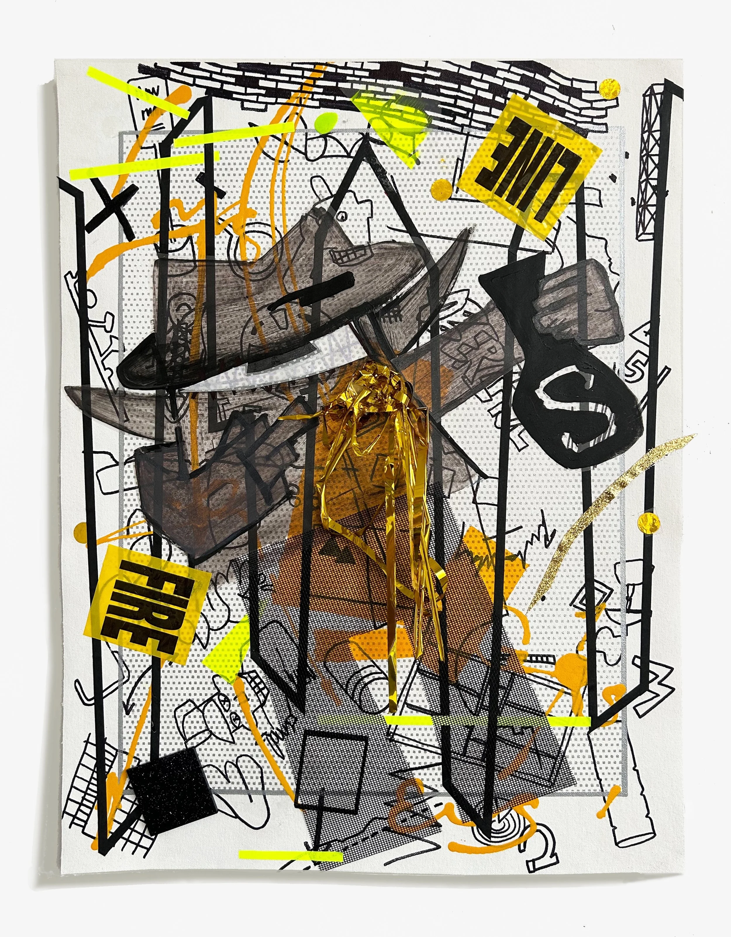 Golden Handshake,  2023
 Acrylic, marker, reflective foils, screen, plastic ribbon, acrylic pieces, fire caution tape, and silkscreen ink on unstretched canvas
 22 3/4 x 17 5/8 in