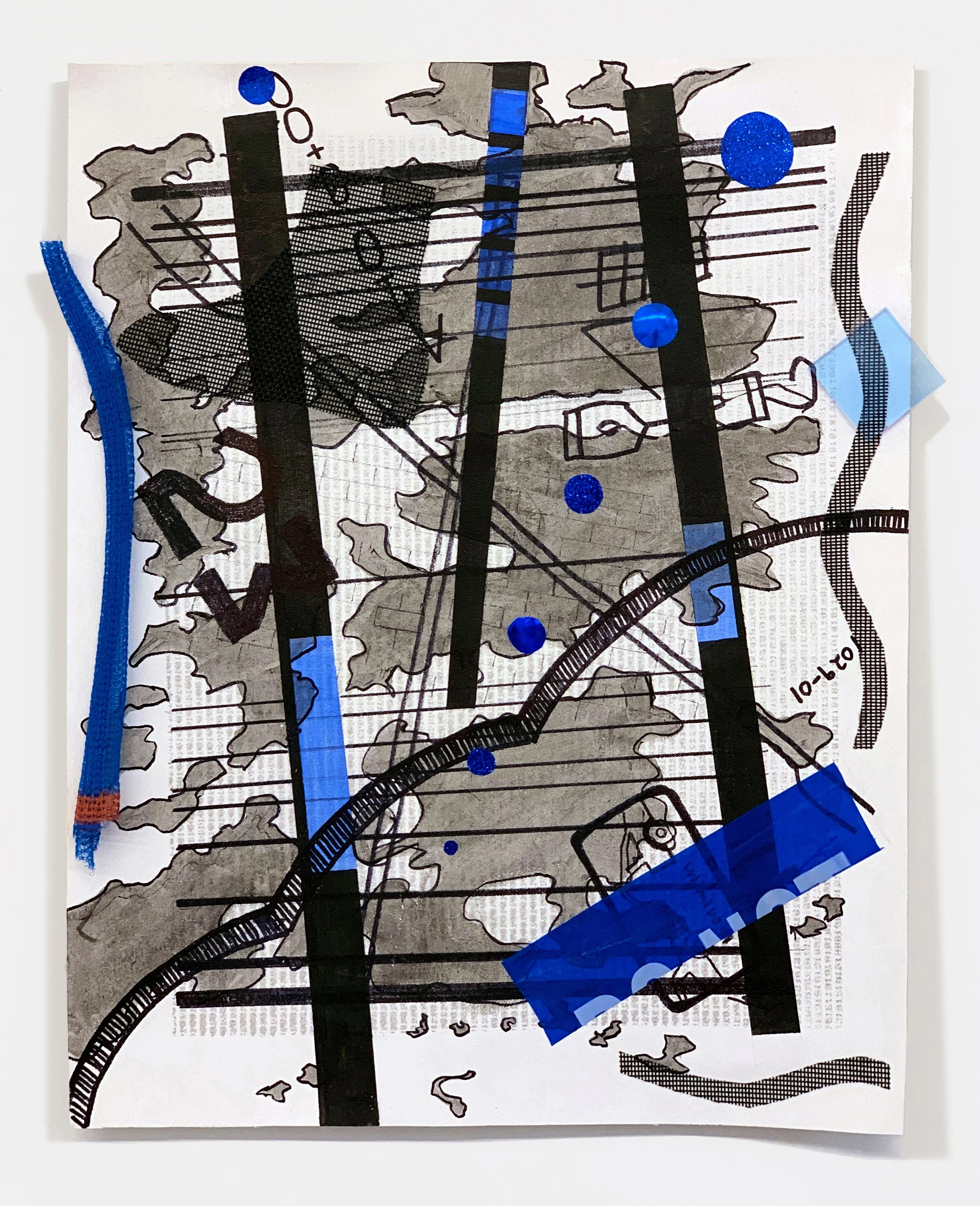 Subway Shuffle,  2022
 Acrylic, marker, Artist tape, plexiglass sample, plexiglass screen, construction netting, police tape, reflective foil pieces, and silkscreen ink on canvas,
 22 x 17 in