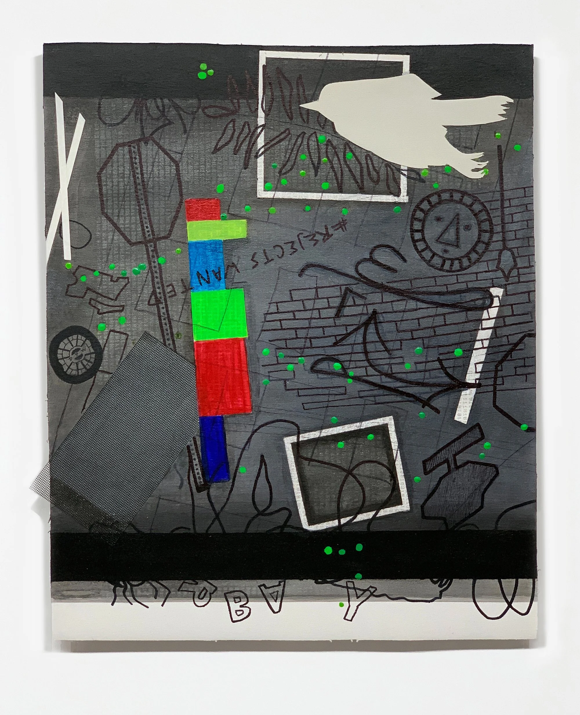 High Dive,  2022
 Acrylic, marker, resin pieces, window screening, canvas cutout, and silkscreen ink on unstretched canvas,
 21 3/4 x 17 3/4 in