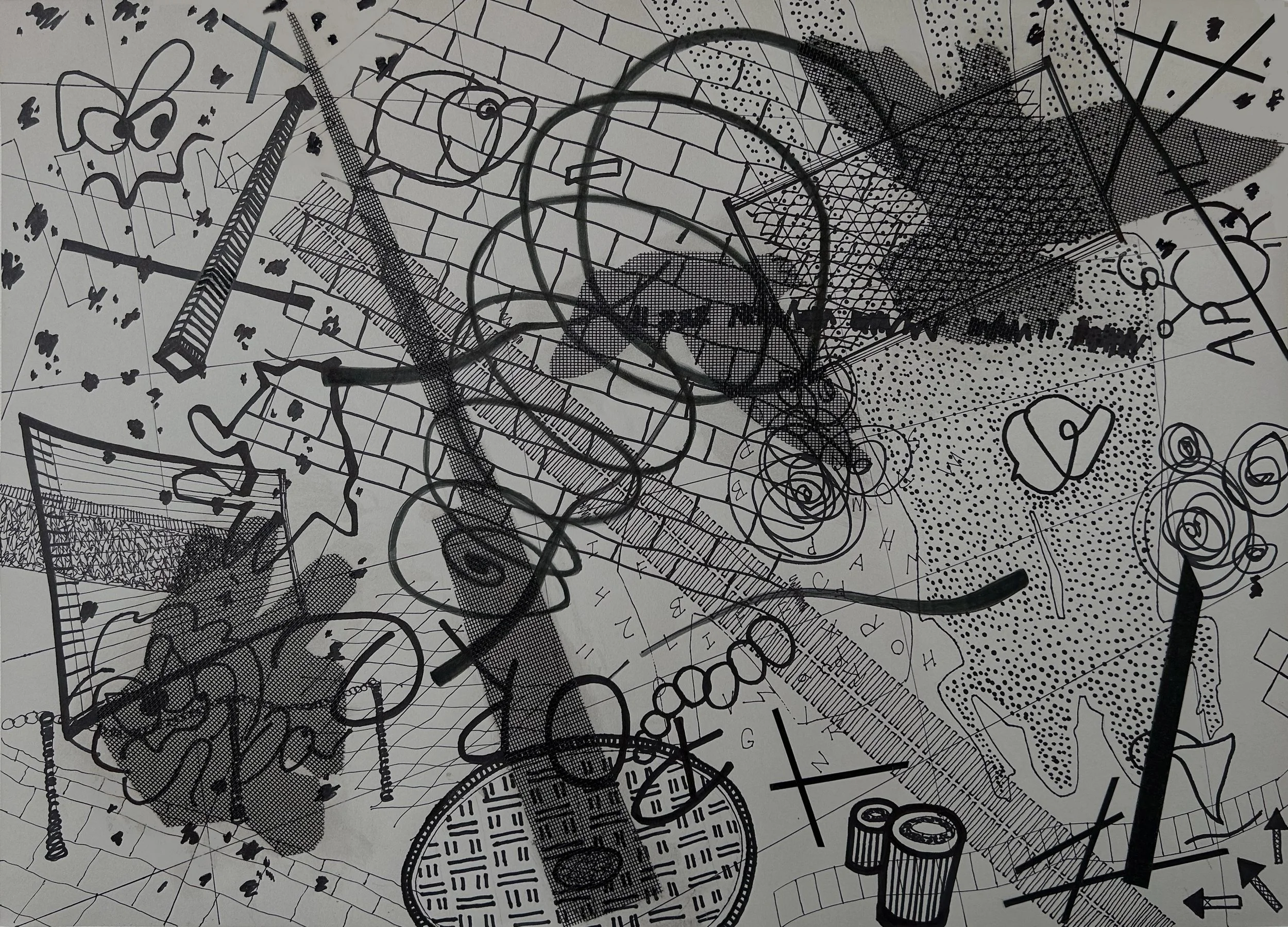 Urban Aggregate #111,  2023 
 marker, screen mesh, and artist tape on gray paper
 19 x 25 in