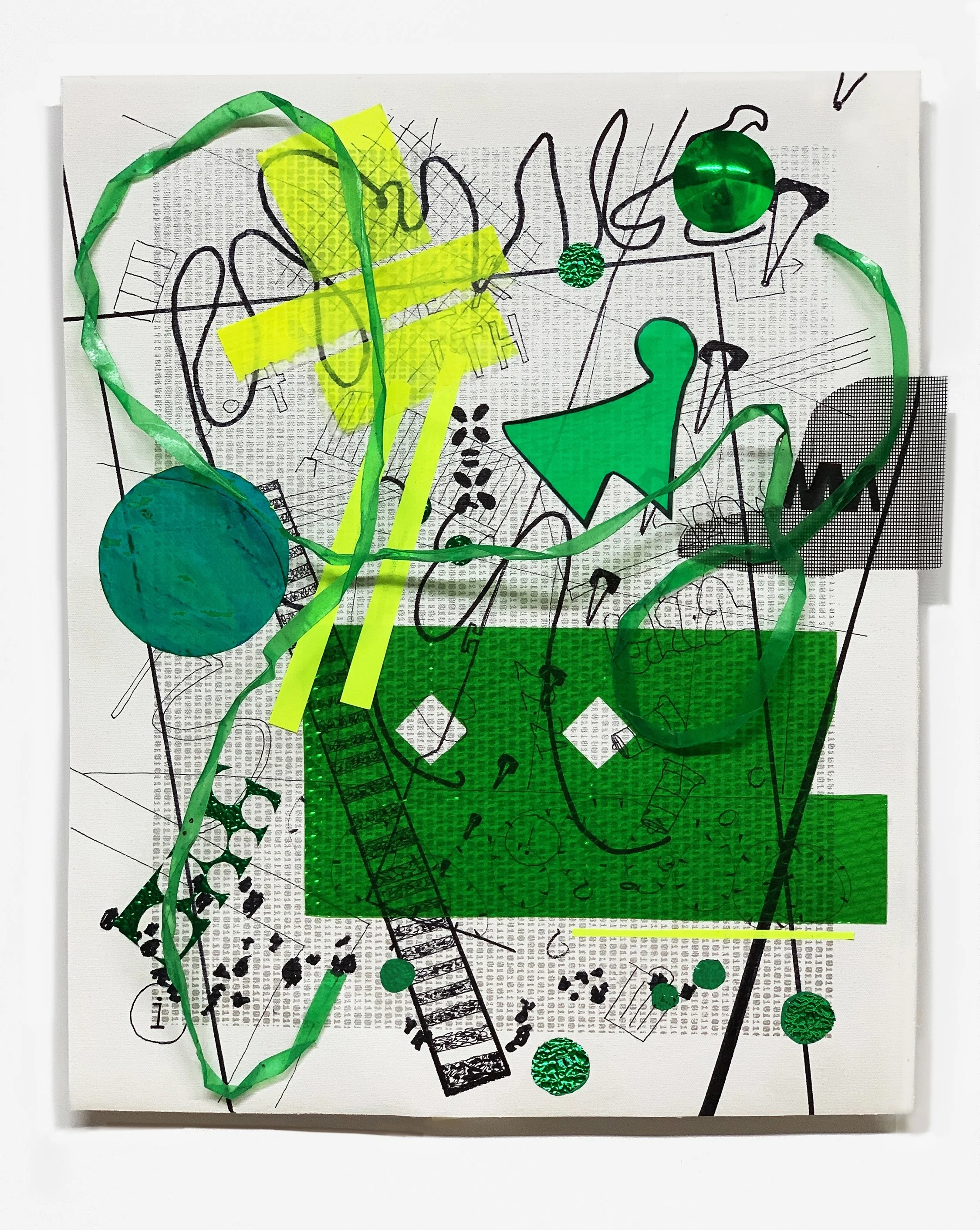 On the Fence on Flatbush,  2022
 Acrylic, marker, plastic sheet, masking sheet, reflective foils, window screening, package strapping, and silkscreen ink on unstretched canvas,
 22 x 17 3/4 in (canvas),
 22 x 19 1/4 in (wall)