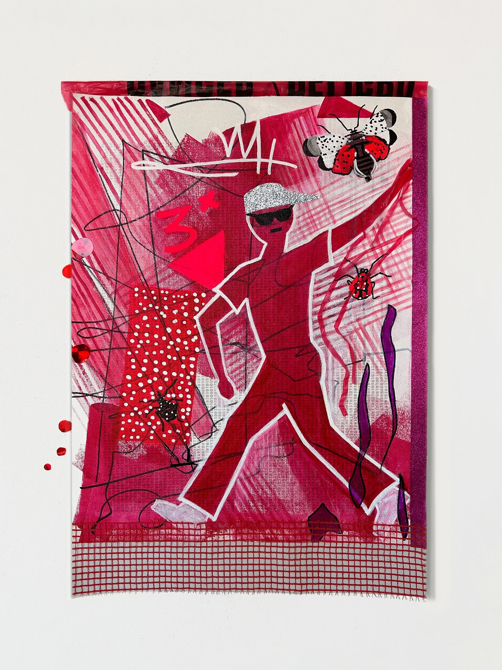 Red Ken and his Lanternfly Friend, at Summer’s End,  2024
 Acrylic, marker, reflective foils, caution tape, artist tape, construction netting, plastic ribbon on unstretched canvas mounted on a wooden bar
 26 3/4 x 17 5/8 x 1 in (canvas)
 26 3/4 x 19