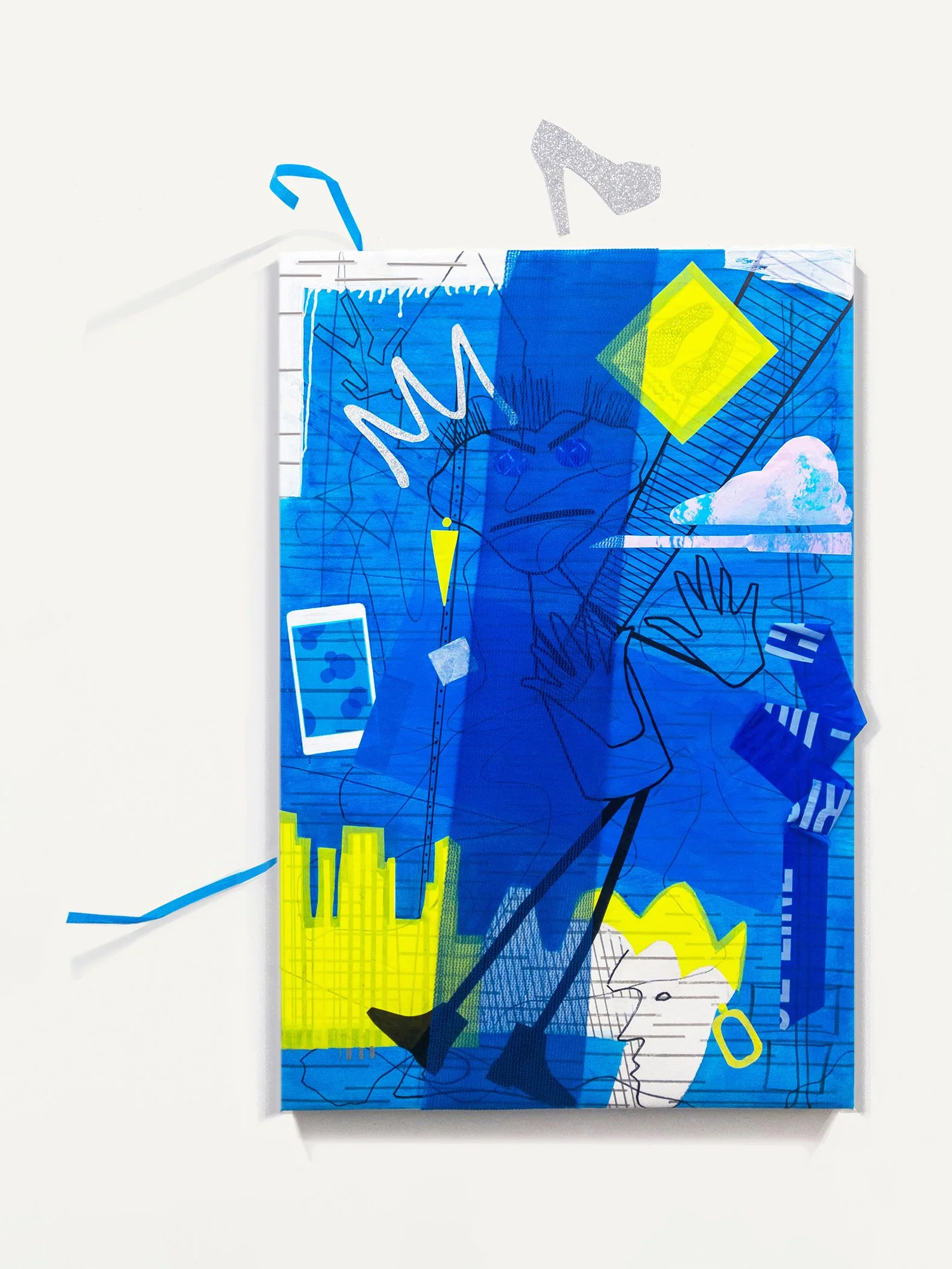 Outer Boro Blues (40°41’56.04” N, 73°56’40.38” W),  2021
 Acrylic, marker, artist tape, police caution tape, vandalized construction netting, plastic sheeting, masking sheet, 
 reflective foil with image of photographer/artist, glitter, and
silkscre