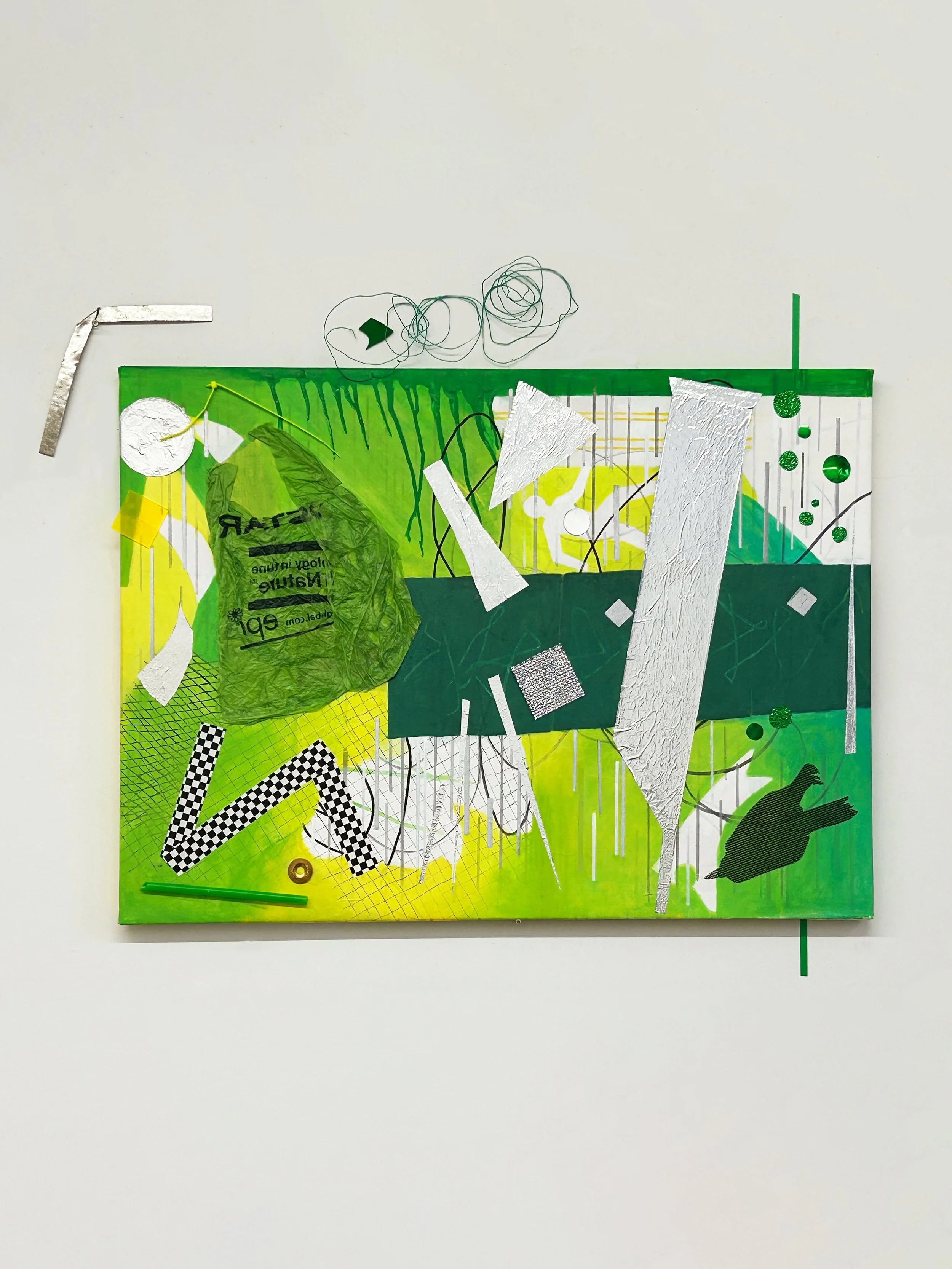 Reap the Whirlwind, or, Conversation with K. , 2025
 Acrylic, marker, mylar balloon foil, gorilla tape, mirror shard, plastic screen, found metal pieces, found wire, reflective foil, package strapping, 
 woven fabric from Christo veil of Paris Arc d