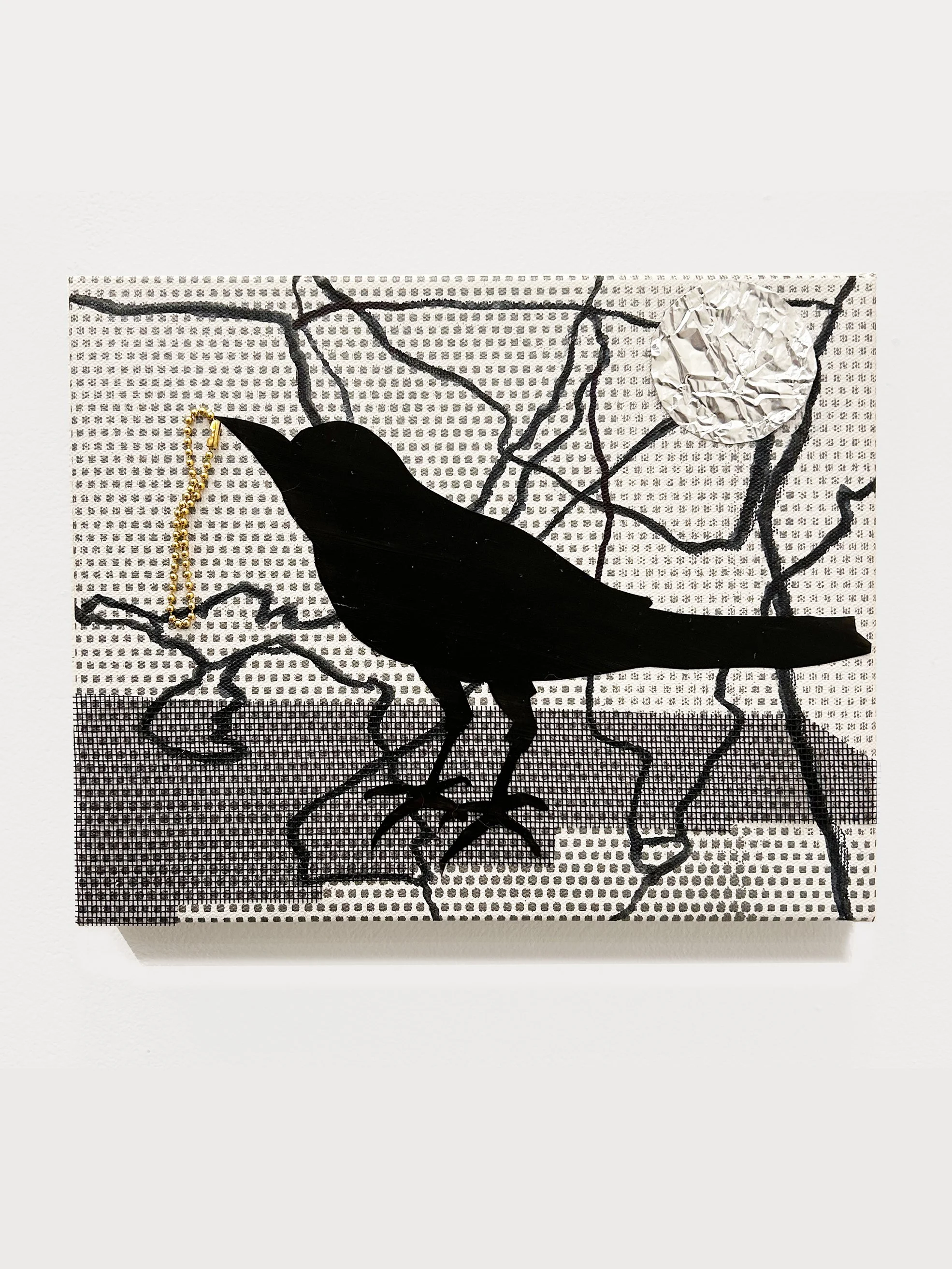 Self Portrait of the Artist under Aluminum Moon,  2025
 Acrylic, marker, masking sheet, metal chain, aluminum foil, and silkscreen ink 
on canvas
 8 x 10 x 1 in