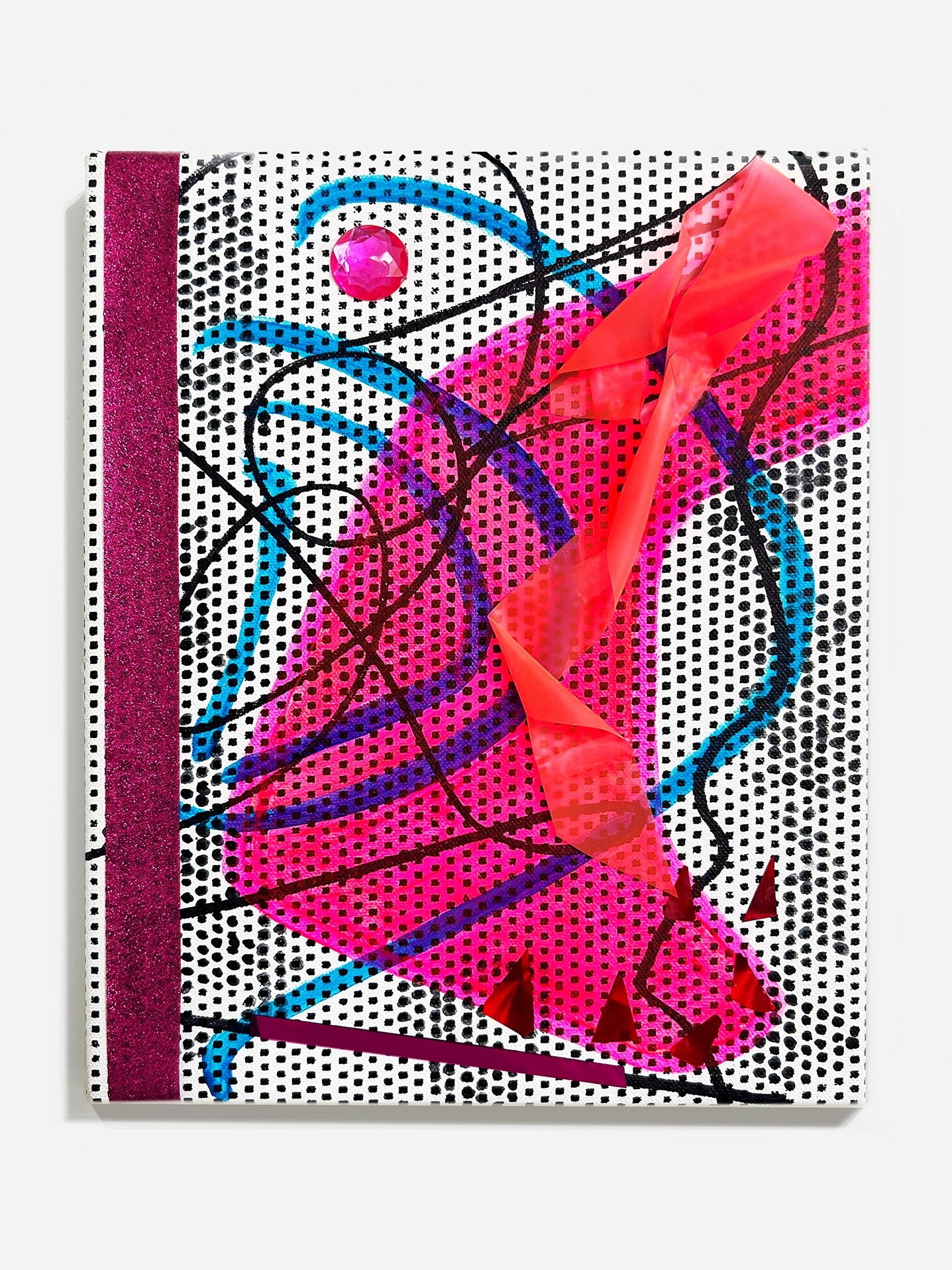 Fulton Funk or City Spectrum II: Red,  2023
 Acrylic, marker, glitter tape, reflective foil, caution tape, bling, and silkscreen ink on canvas
 10 x 8 x 1 3/4 in