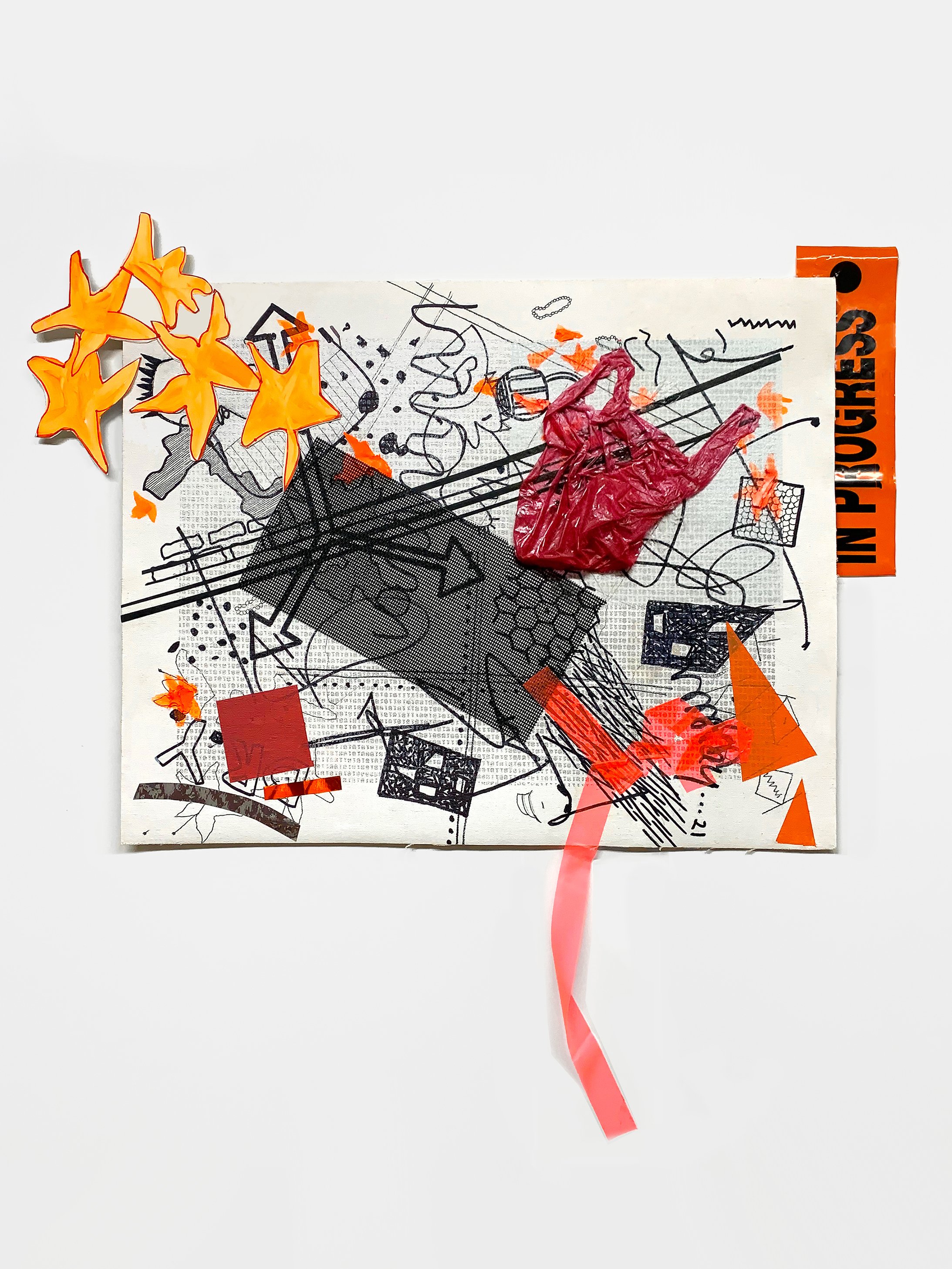 Deli Lilies,  2024
 Acrylic, marker, plastic sheet, window screen, reflective foils, caution tape, subway caution tape, watercolor paper, and silkscreen ink on unstretched canvas
 19 3/4 x 25 x 1 1/2 in (canvas)
 28 x 26 ½ x 1 1/2 in (wall)