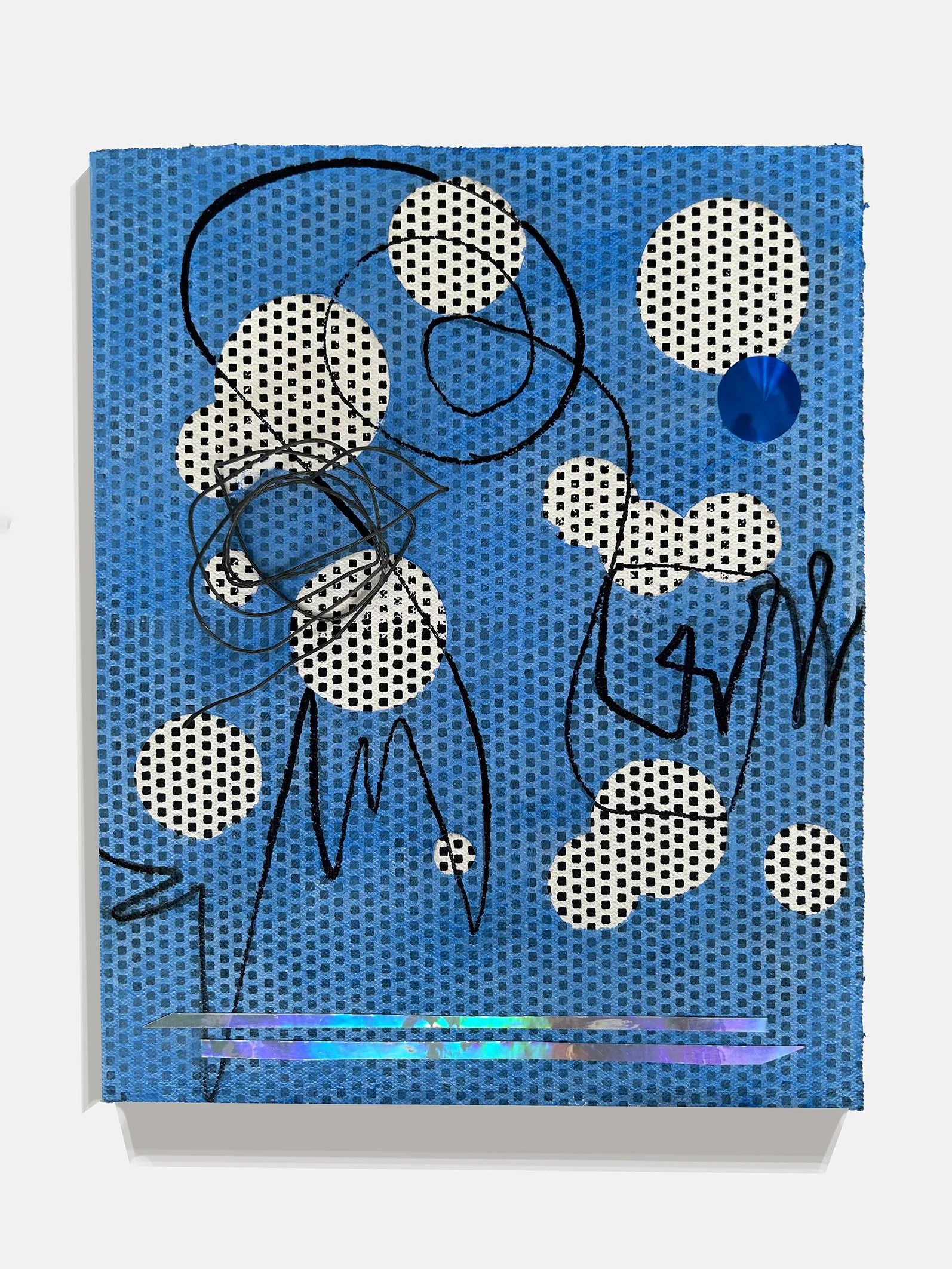 Float or City Spectrum II: Blue,  2024
 Acrylic, marker, picture hanging wire, dichroic foil, and silkscreen ink on canvas mounted on board
 10 x 8 x 2 1/2 in